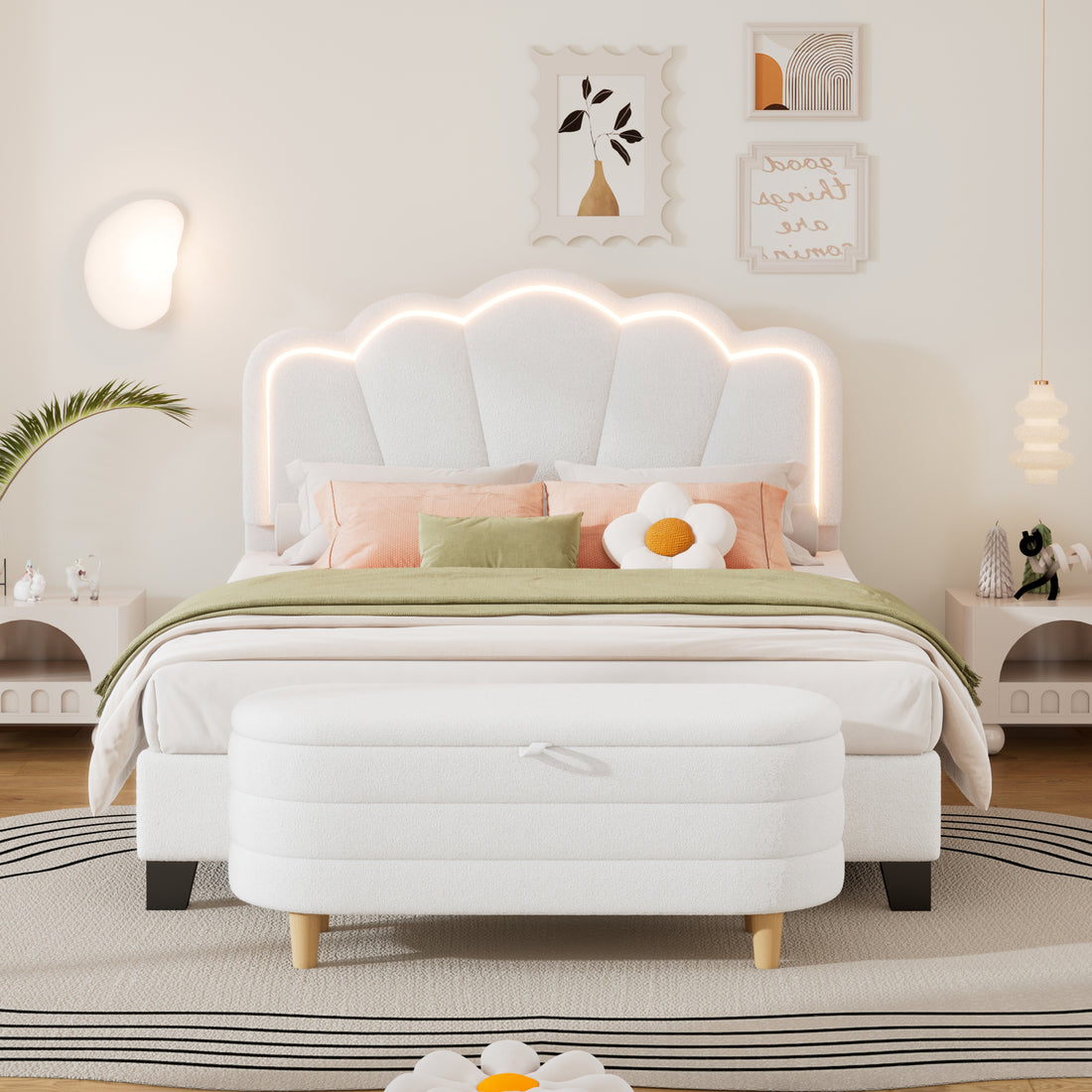 2 Pieces Bedroom Sets Full Size Flower Shaped Upholstered Led Platform Bed With Storage Ottoman Sherpa Fabric, White Full White 2 Piece Set Wood