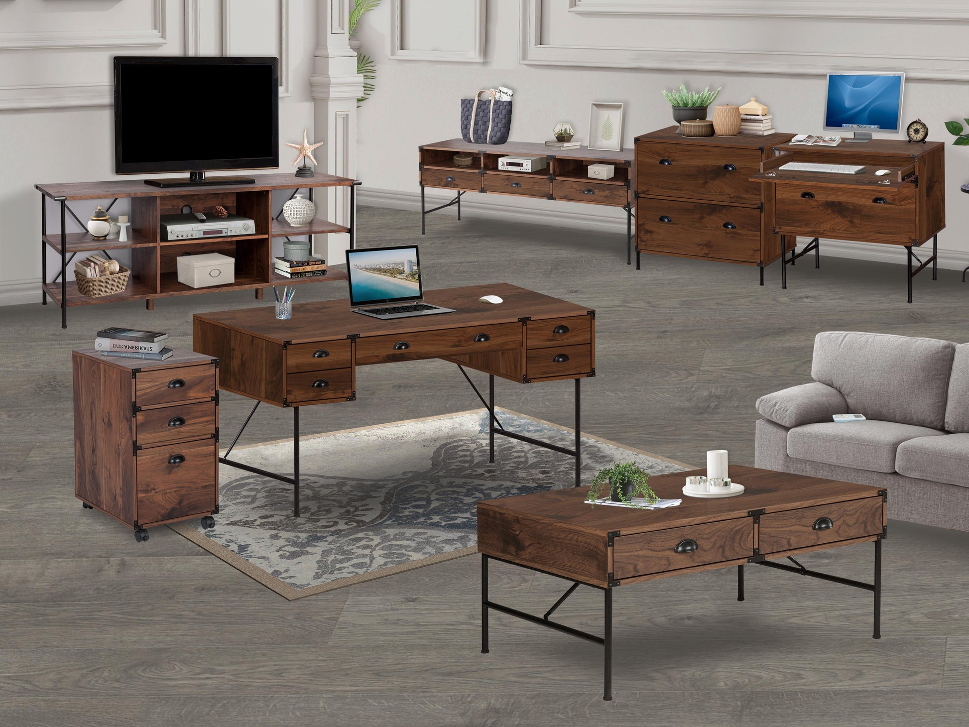 59" Writing Desk "Versatile Walnut Office Desk With Contemporary Metal Frame & Multiple Storage Drawers" Brown Solid Wood