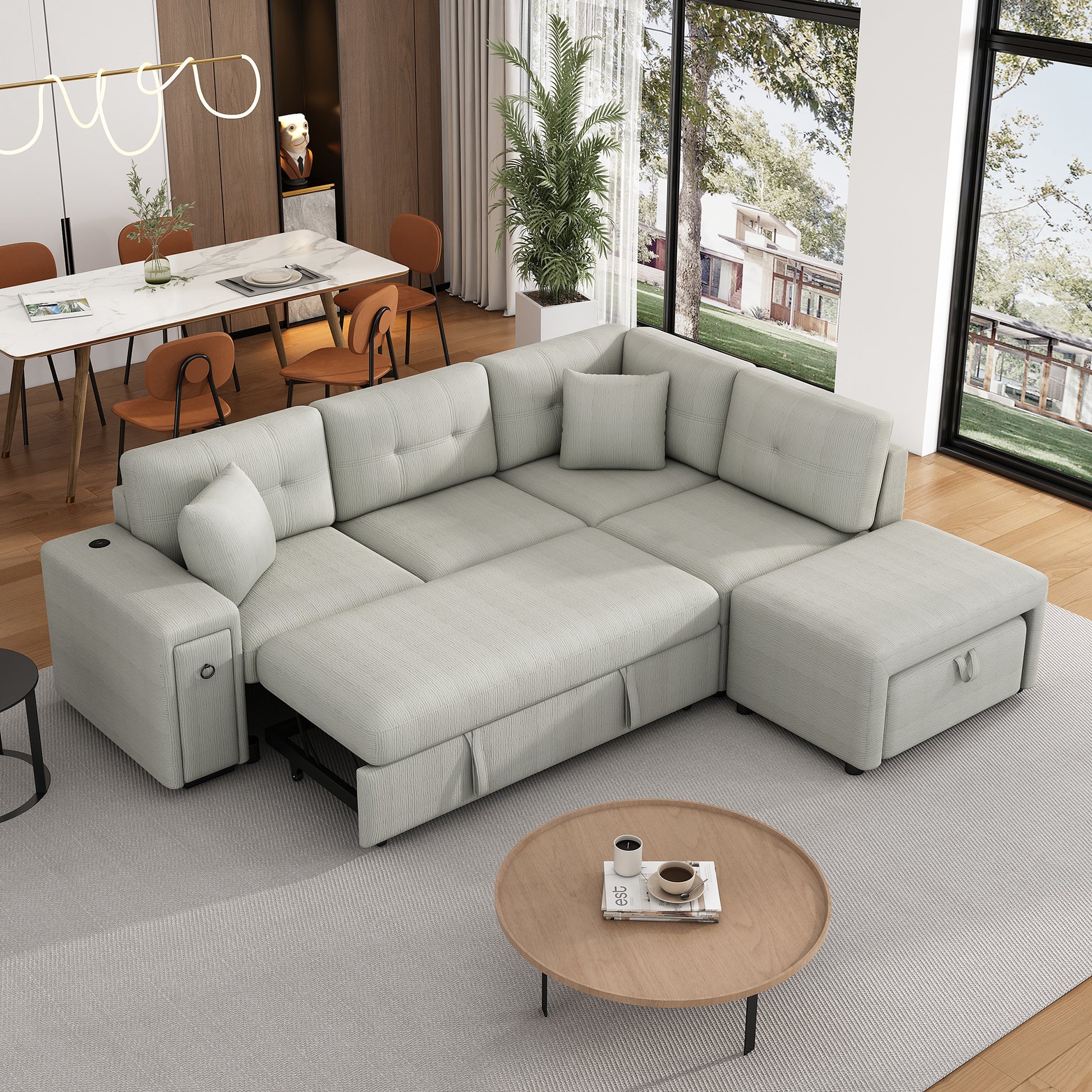 86.6" Sectional Sofa L Shaped Sofa Couch Pull Out Sofa Bed With A Movable Ottoman, Two Usb Ports And Two Cup Holders For Living Room, Gray Grey Foam Chenille 4 Seat