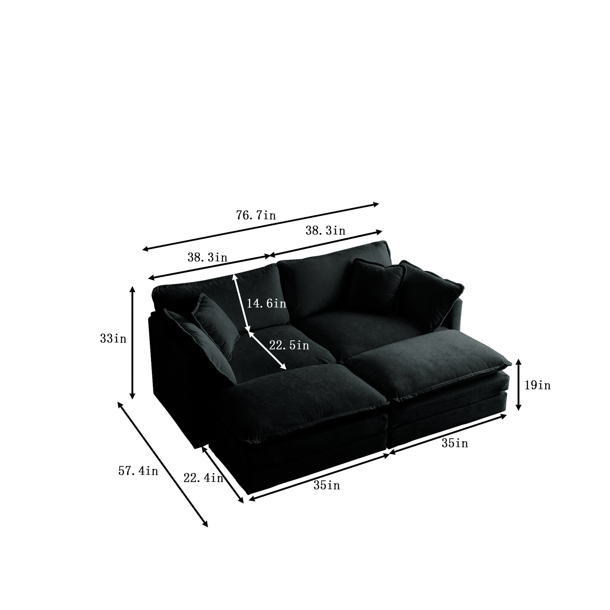 4 Piece Upholstered Sectional Sofa, 1 Piece Of 2 Seater Sofa And 2 Piece Of Ottomans2 Seater Loveseat Lounge With Ottomansblack Chenille Black Chenille 2 Seat