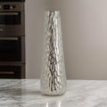 19 Inch Contemporary Tall Oblong Vase, Silver Aluminum, Hammered Texture Silver Aluminium