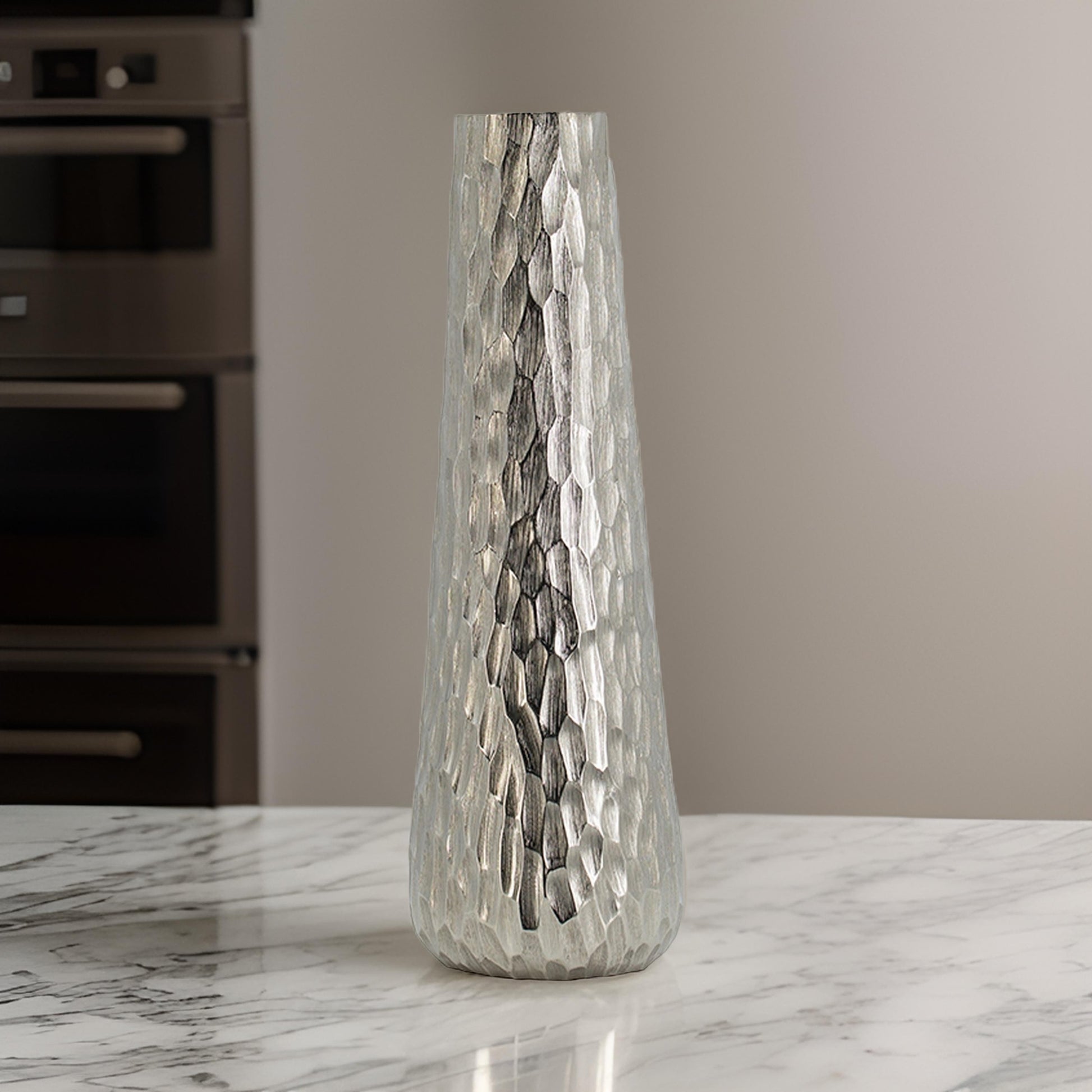 19 Inch Contemporary Tall Oblong Vase, Silver Aluminum, Hammered Texture Silver Aluminium