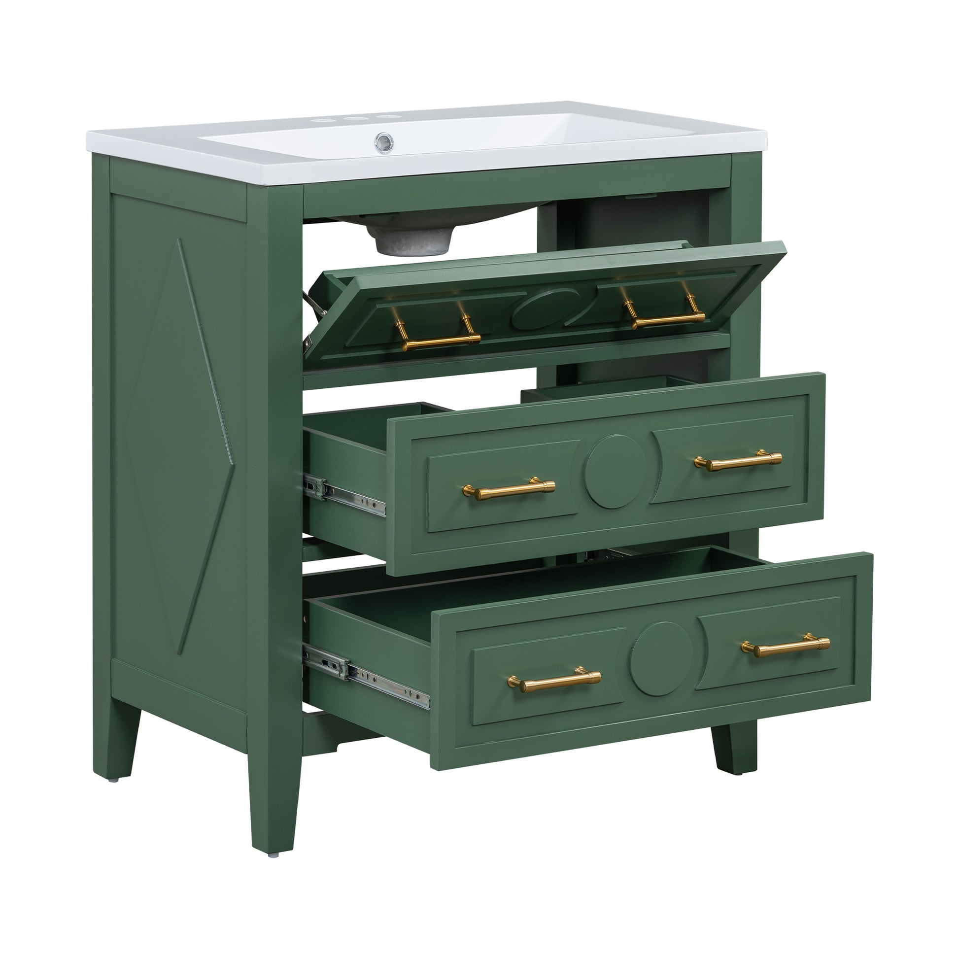 30'' Bathroom Vanity With Resin Sink Combo, Free Standing Single Vanity Set With 3 Drawers, Solid Wood Frame Bathroom Storage Cabinet, Green 3 Green Bathroom Freestanding Solid Wood Mdf Resin Painted