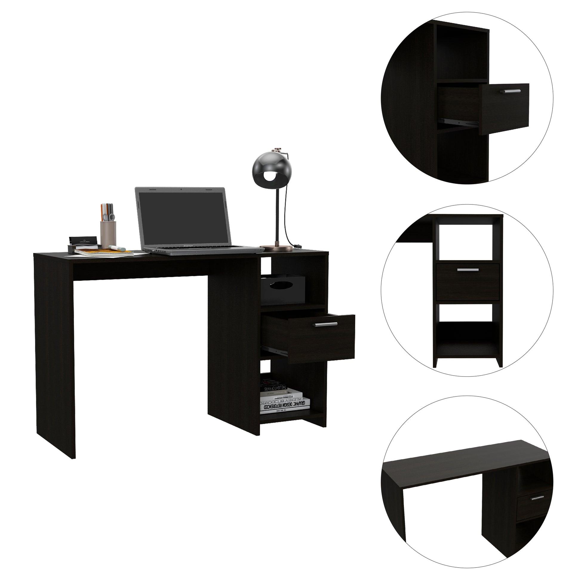 Omma Computer Desk, One Drawer, Two Shelves Black Computer Desk Office Modern Freestanding Rectangular Open Storage Desk Rectangular Particle Board Engineered Wood