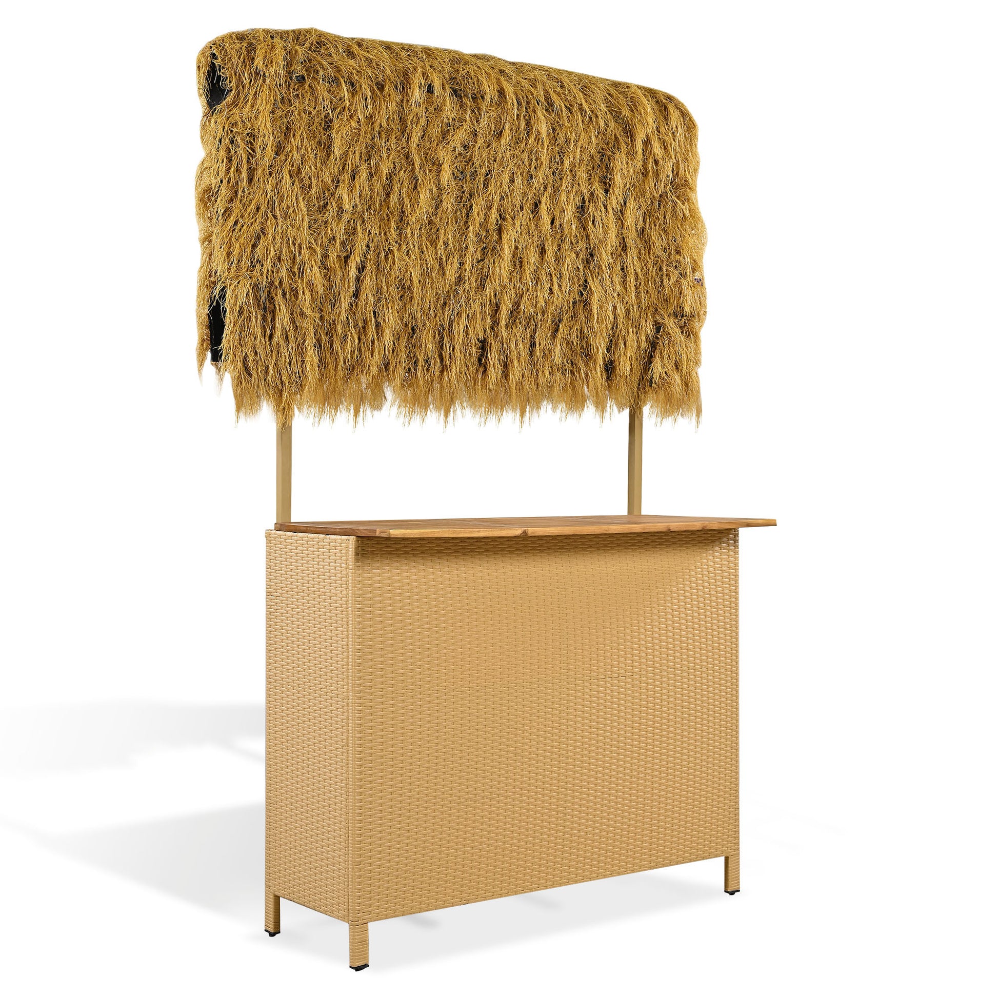 Hawaiian Style Bar Height Patio Set With Pe Grass Canopy, Outdoor Bar Table And Stools With Adjustable Feet, Acacia Wood Top, For Dining And Drinking, Natural Antique Natural Seats 2 Garden & Outdoor Wicker