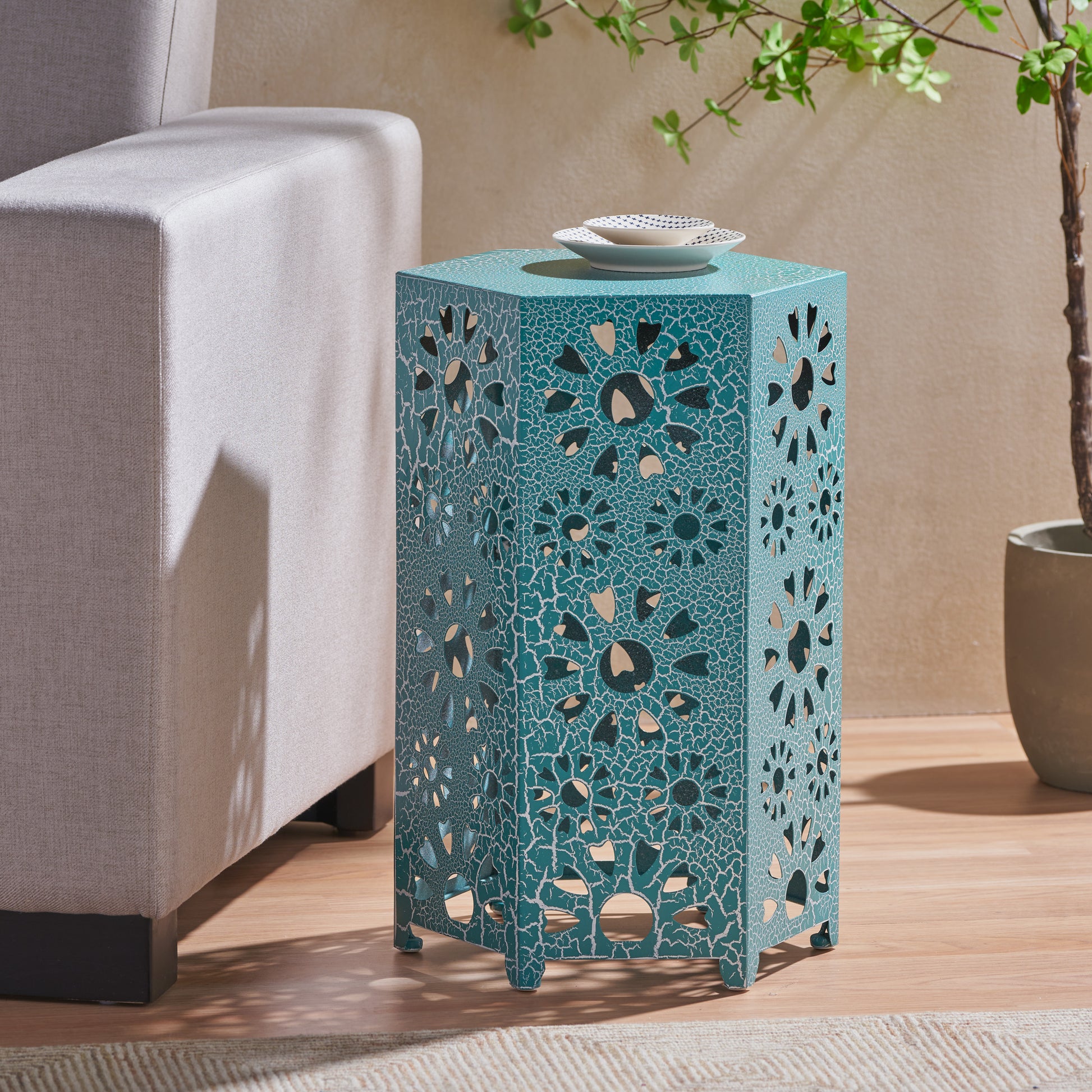 Eliana 14" Side Table Teal Iron