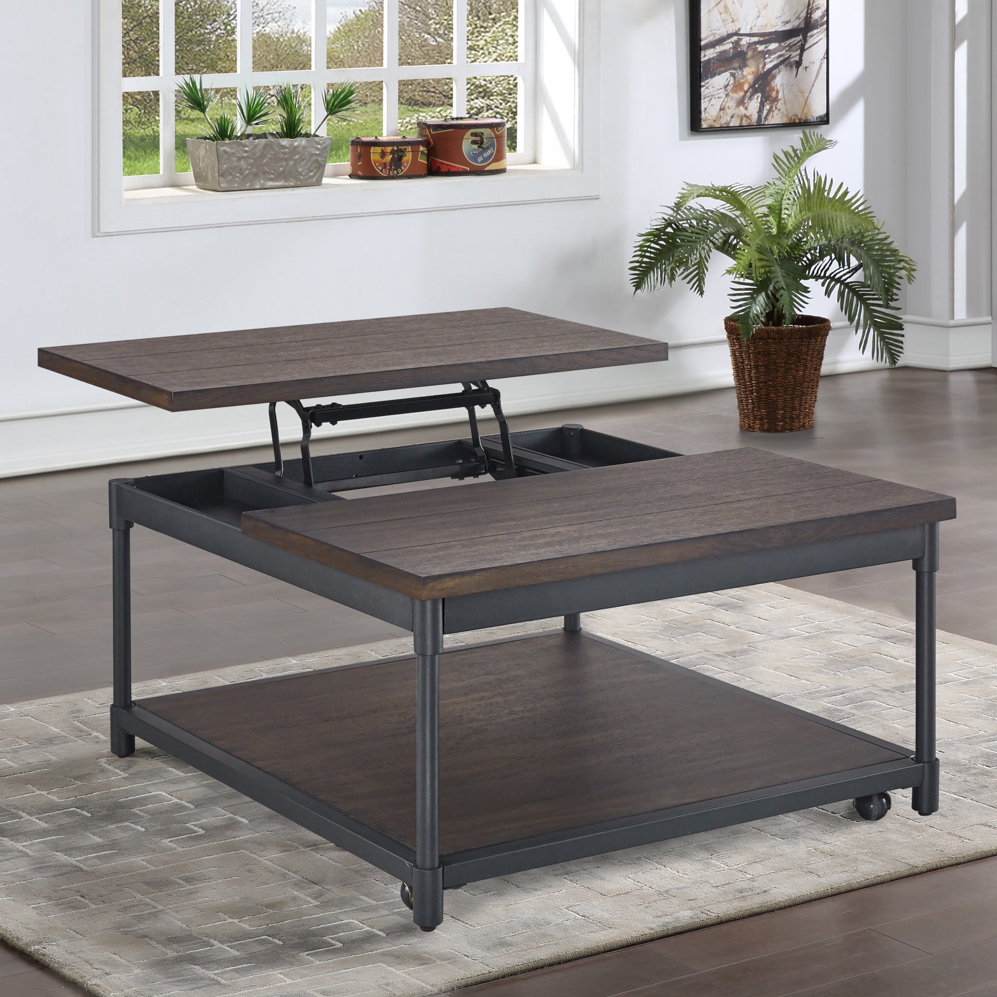 Prescott Lift Top Square Cocktail Table Brown Brown Iron