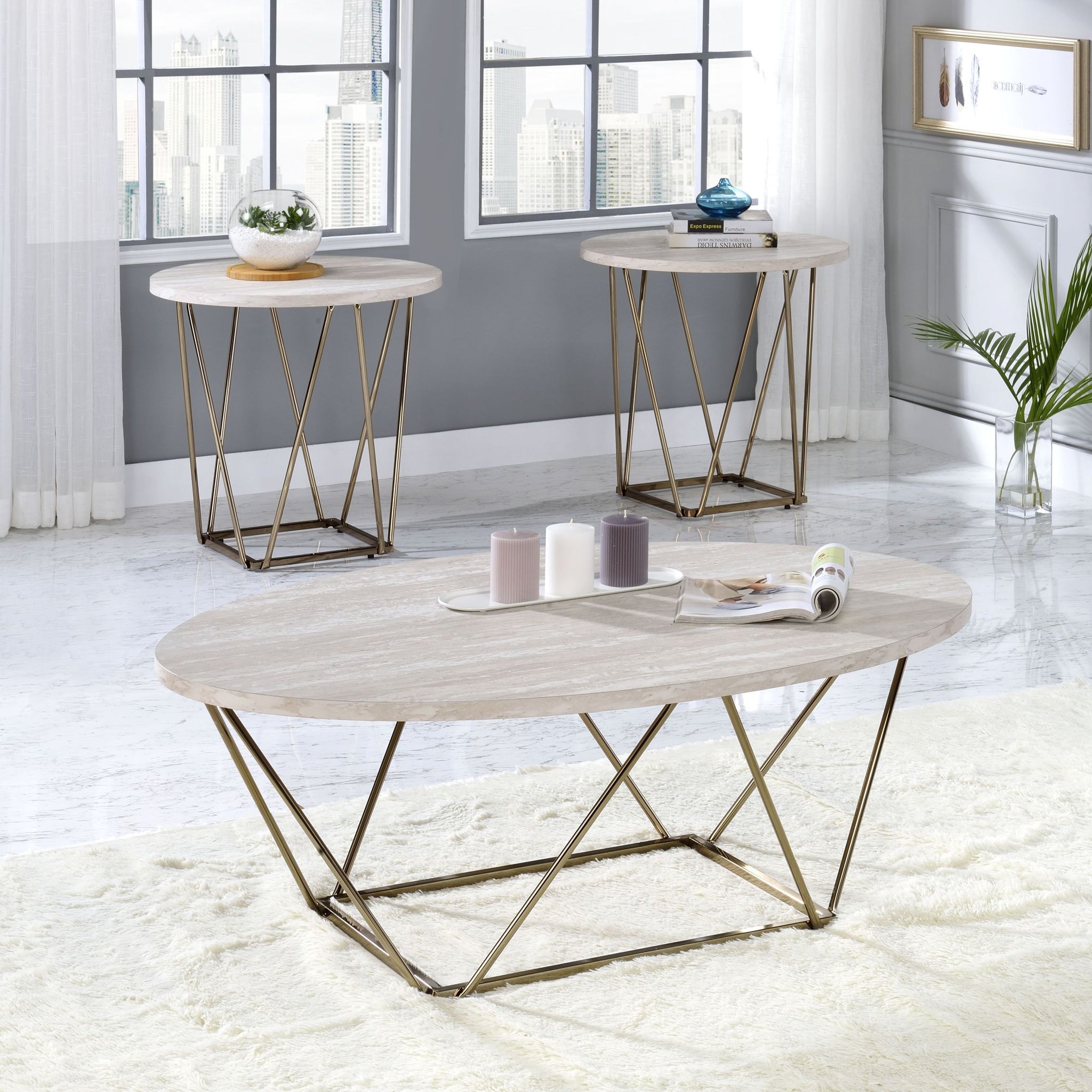 Rowyn 3 Piece Table Set, Faux Marble Paper Top White White Iron