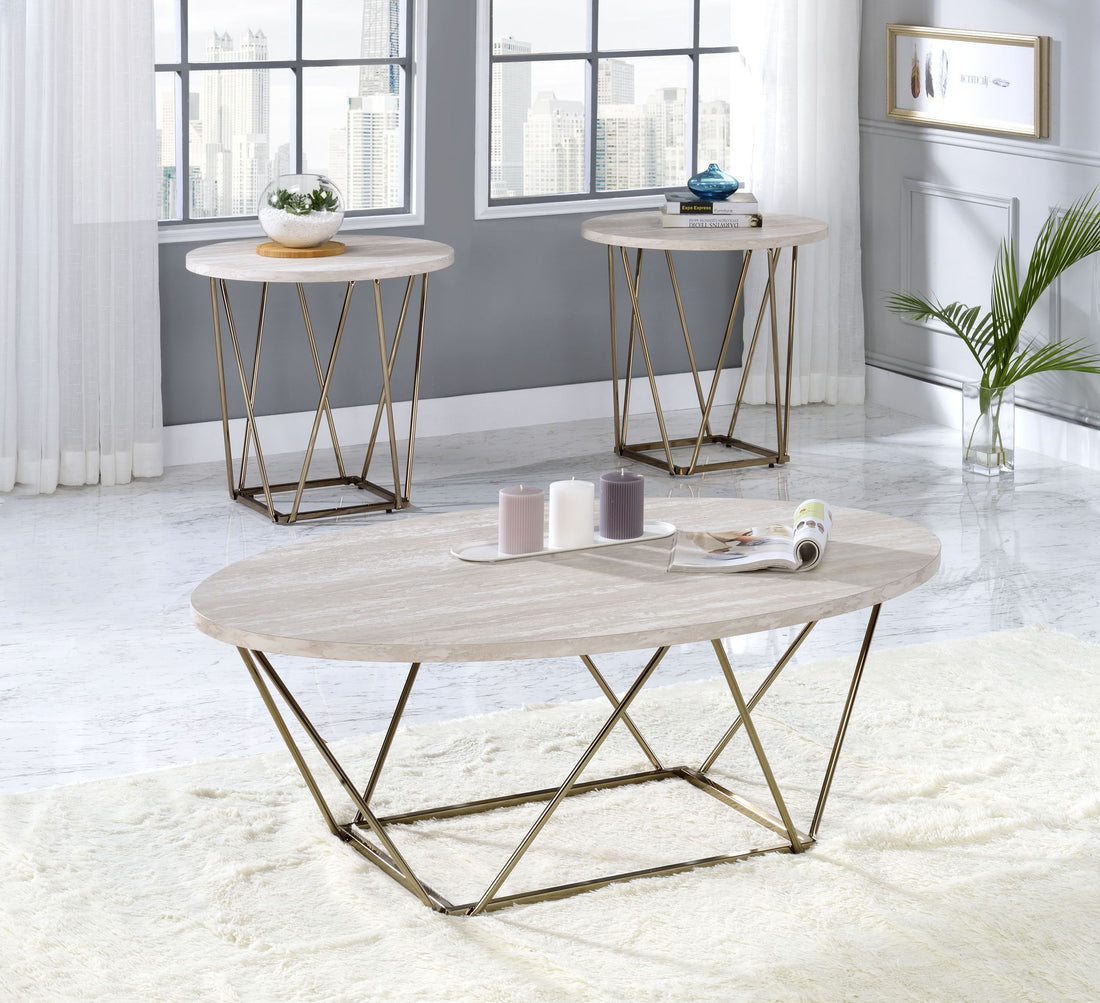 Rowyn 3 Piece Table Set, Faux Marble Paper Top White White Iron