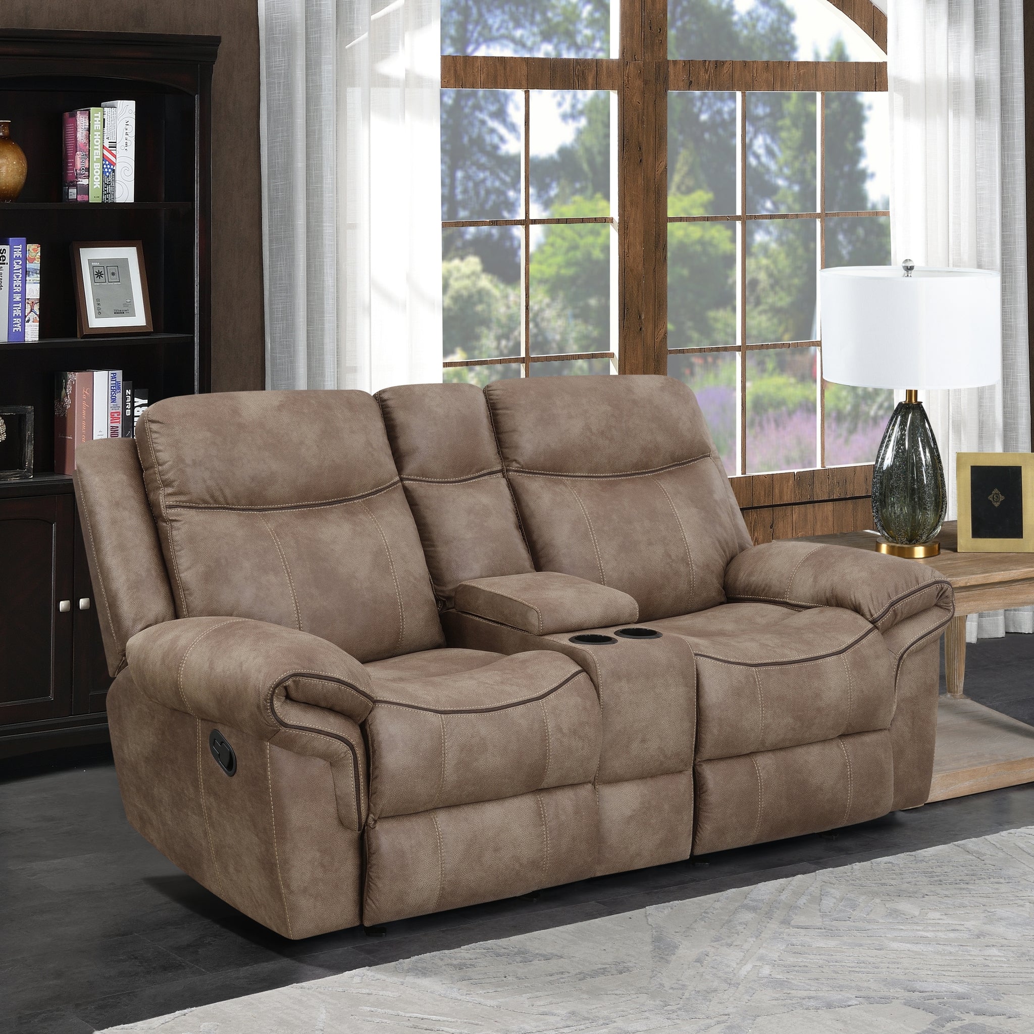 Nashville Glider Recliner Console Loveseat Light Brown Light Brown Faux Leather 2 Seat