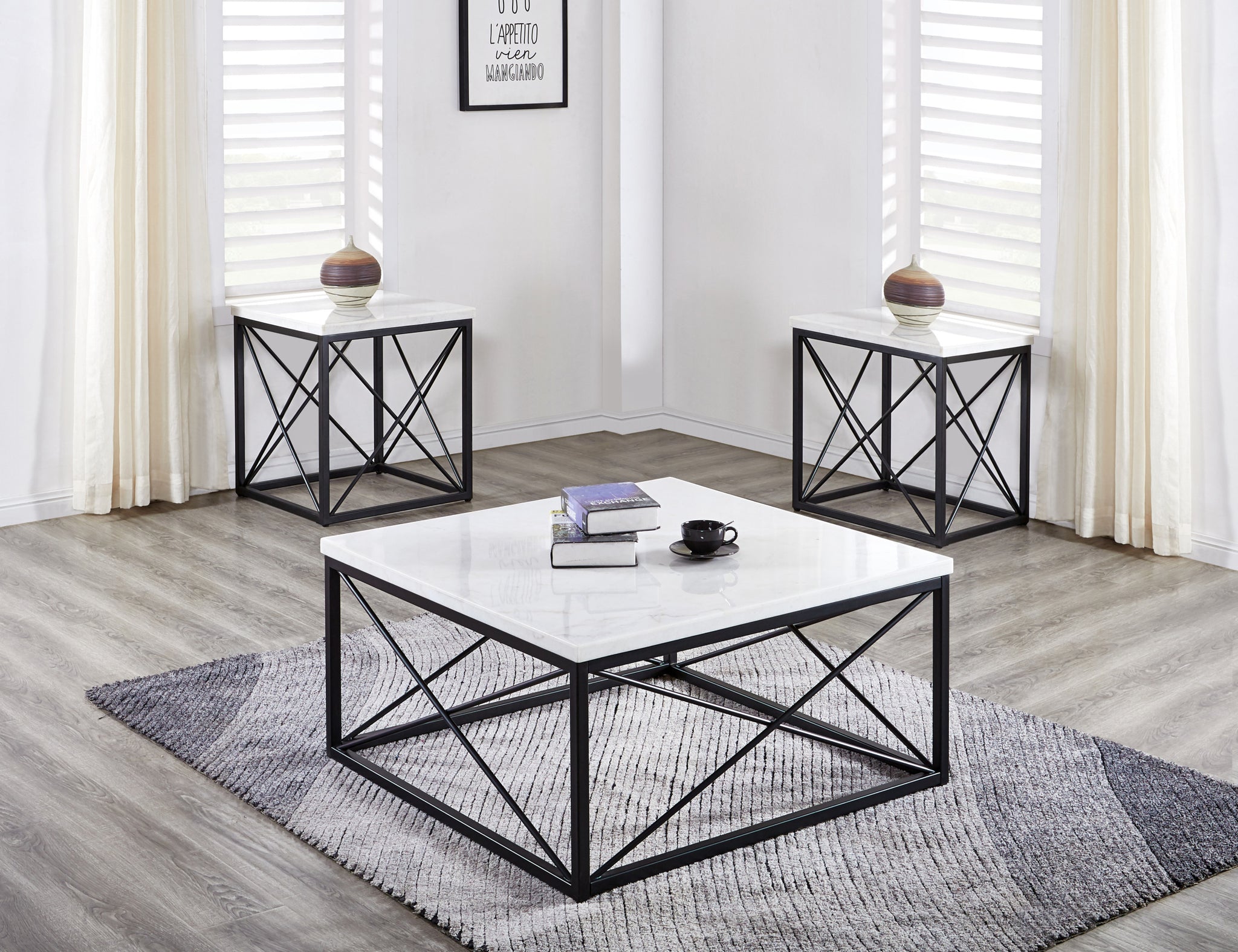 Skyler 3 Piece Table Set White White Marble