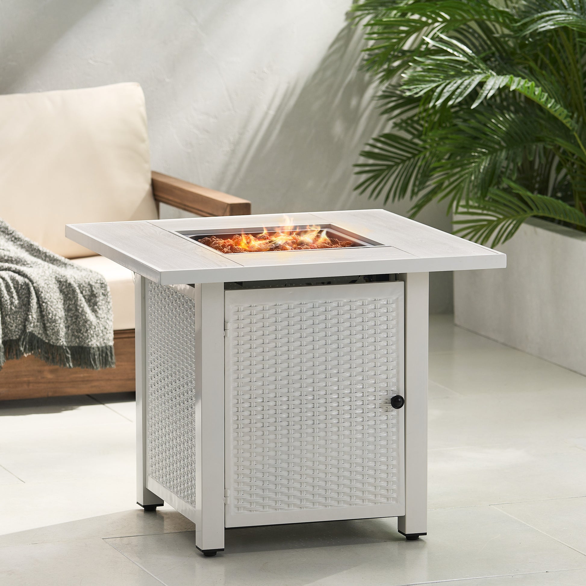 30" Outdoor 40,000Btu Square Iron Fire Pit With Ceramic Tile Top, White White Ceramic Tile Iron