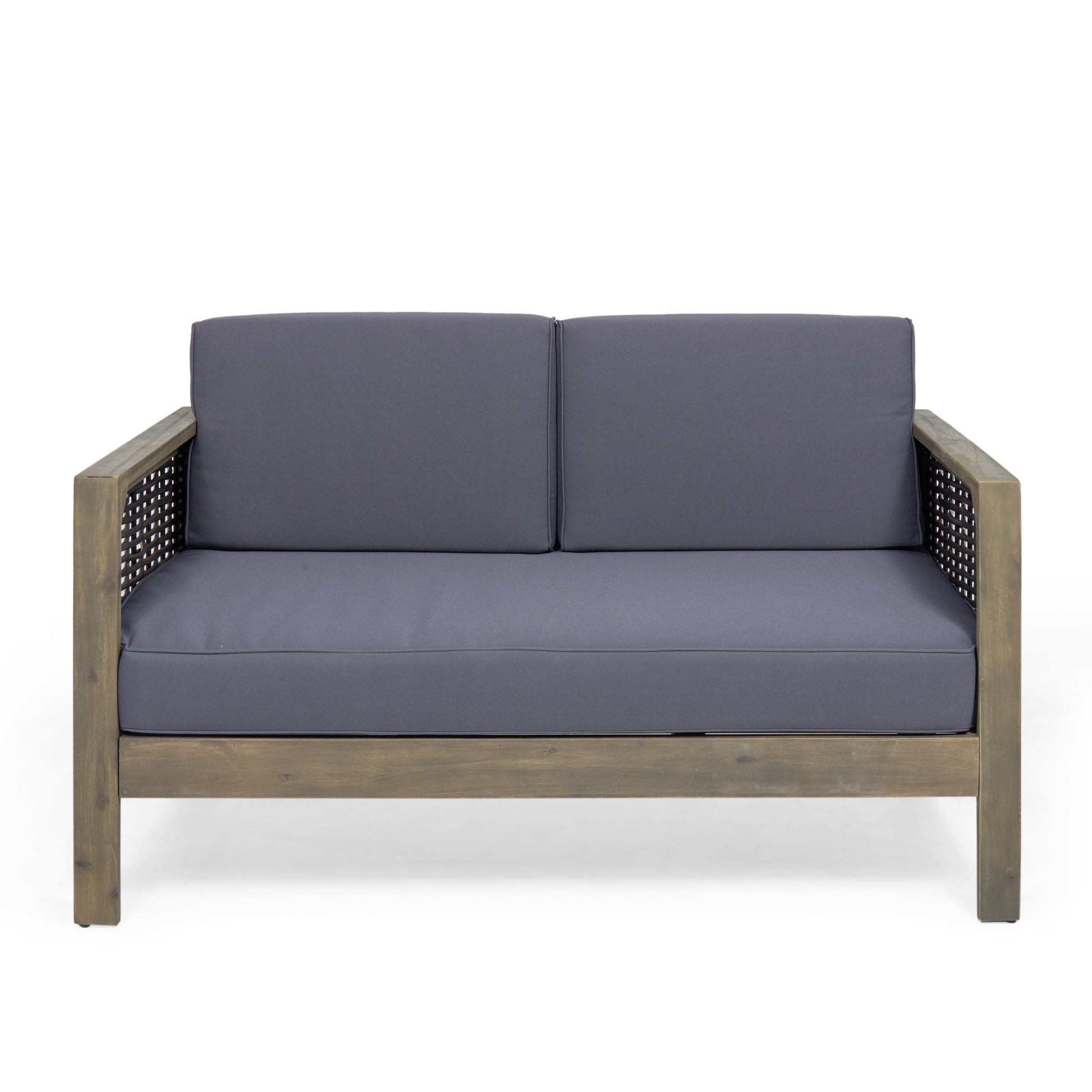 Outdoor 4 Seater Acacia Wood Chat Set With Wicker Accents And Cushions, Gray Mixed Gray Dark Gray Gray Acacia Wood