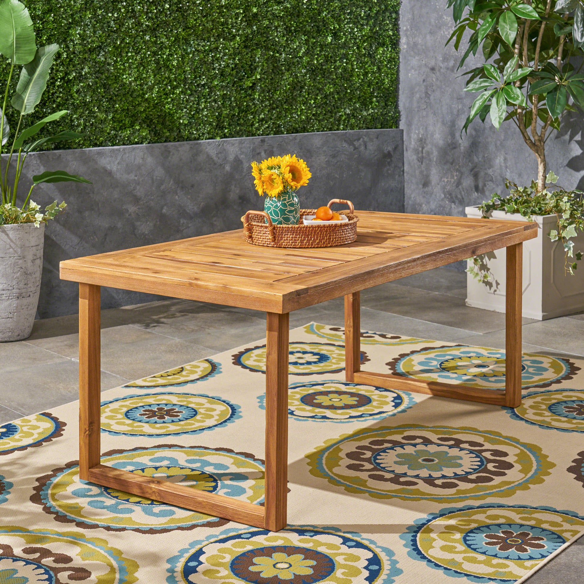 Outdoor 69" Acacia Wood Dining Table, Sandblast Natural Finish Natural Acacia Wood