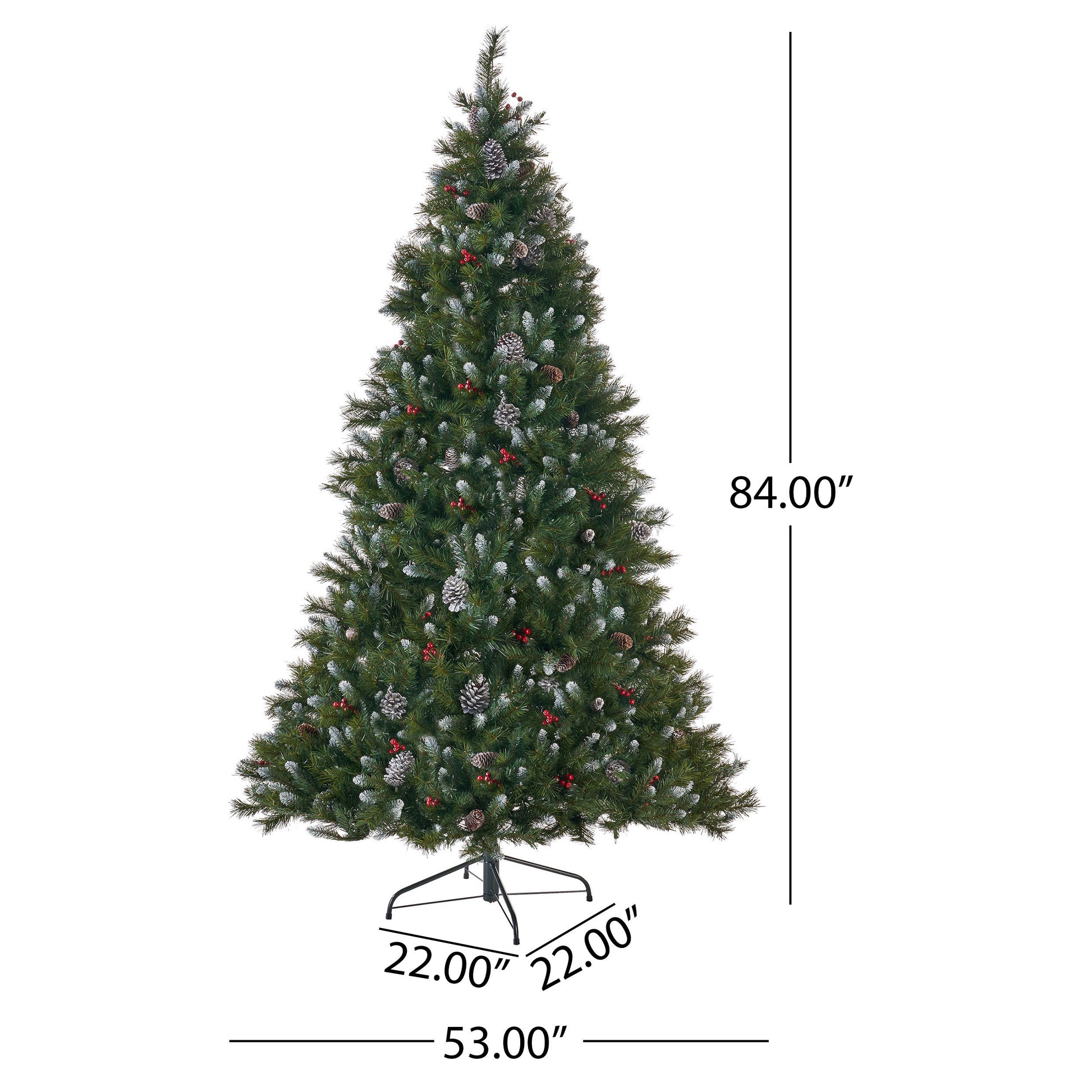 7' Mixed Frosted Hinged Tree With 52 Frosted Pine Cones And 26 Red Berry And 450 Clear Lights Ul,Dia:53",1219 Tips Green Pvc