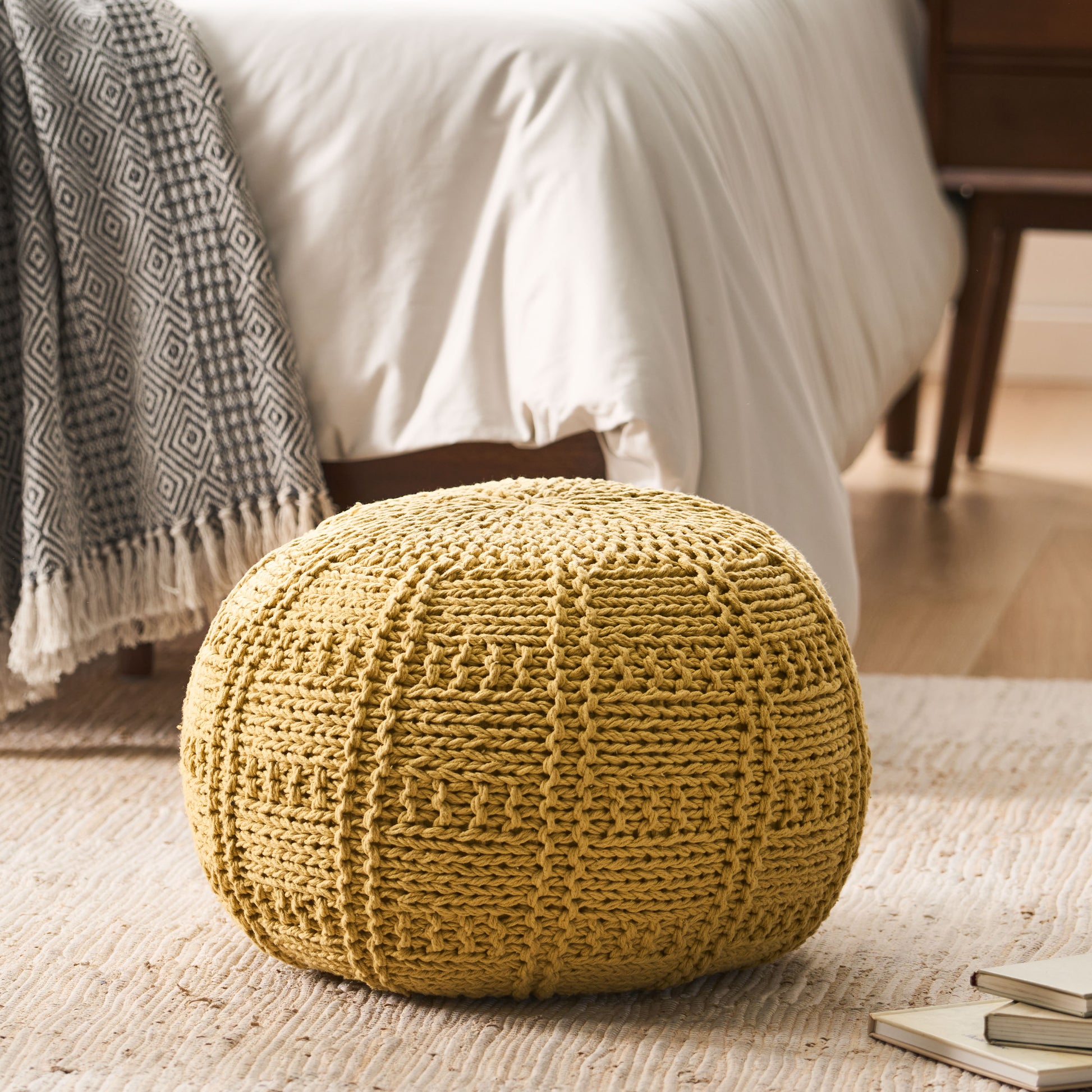 Yuny Knitted Cotton 20 X 20 Round Pouf Yellow Cotton