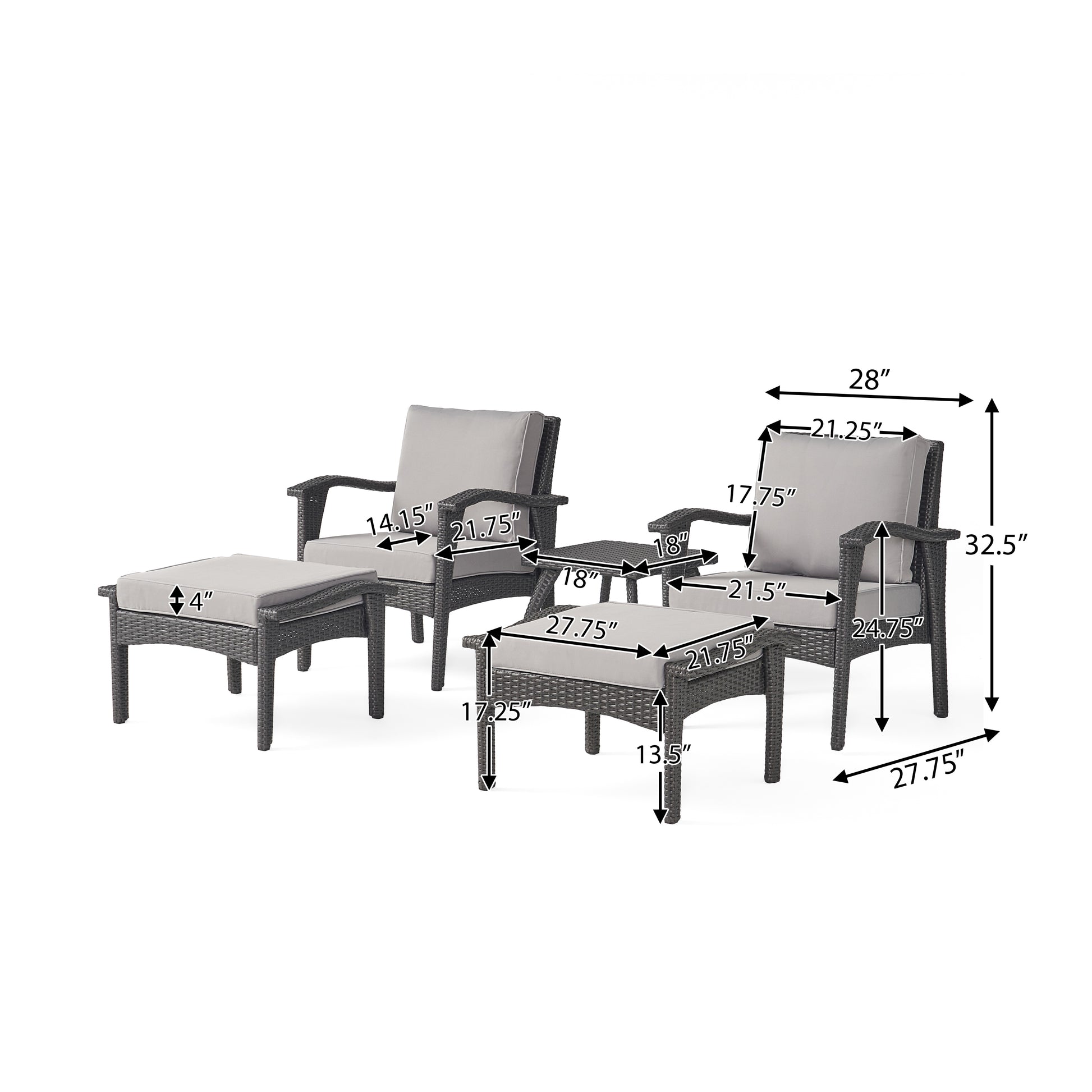 Honolulu Chat Set S 5 Grey Silver Pe Rattan Iron Waterproof Fabric