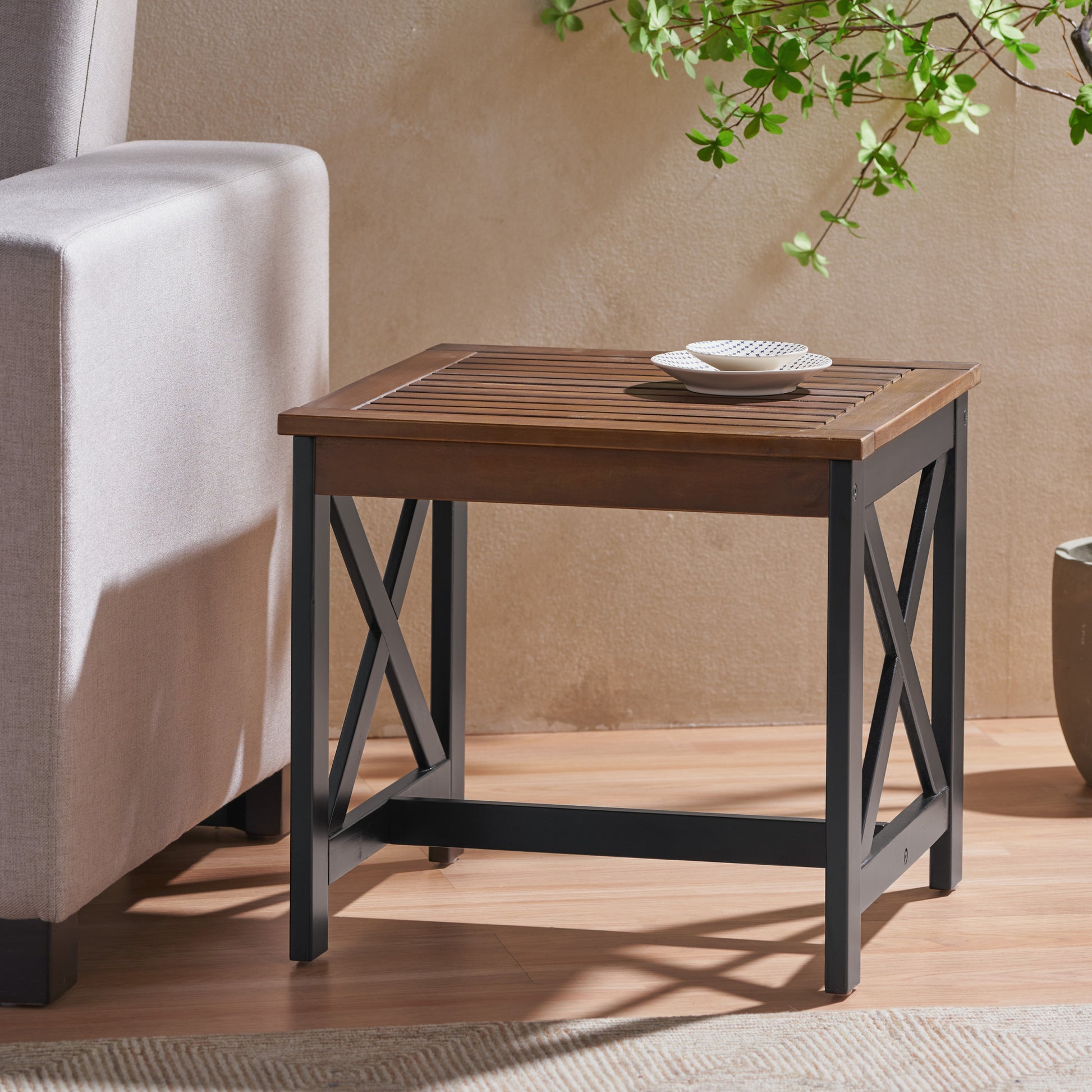 Farmhouse End Table Black Brown Wood