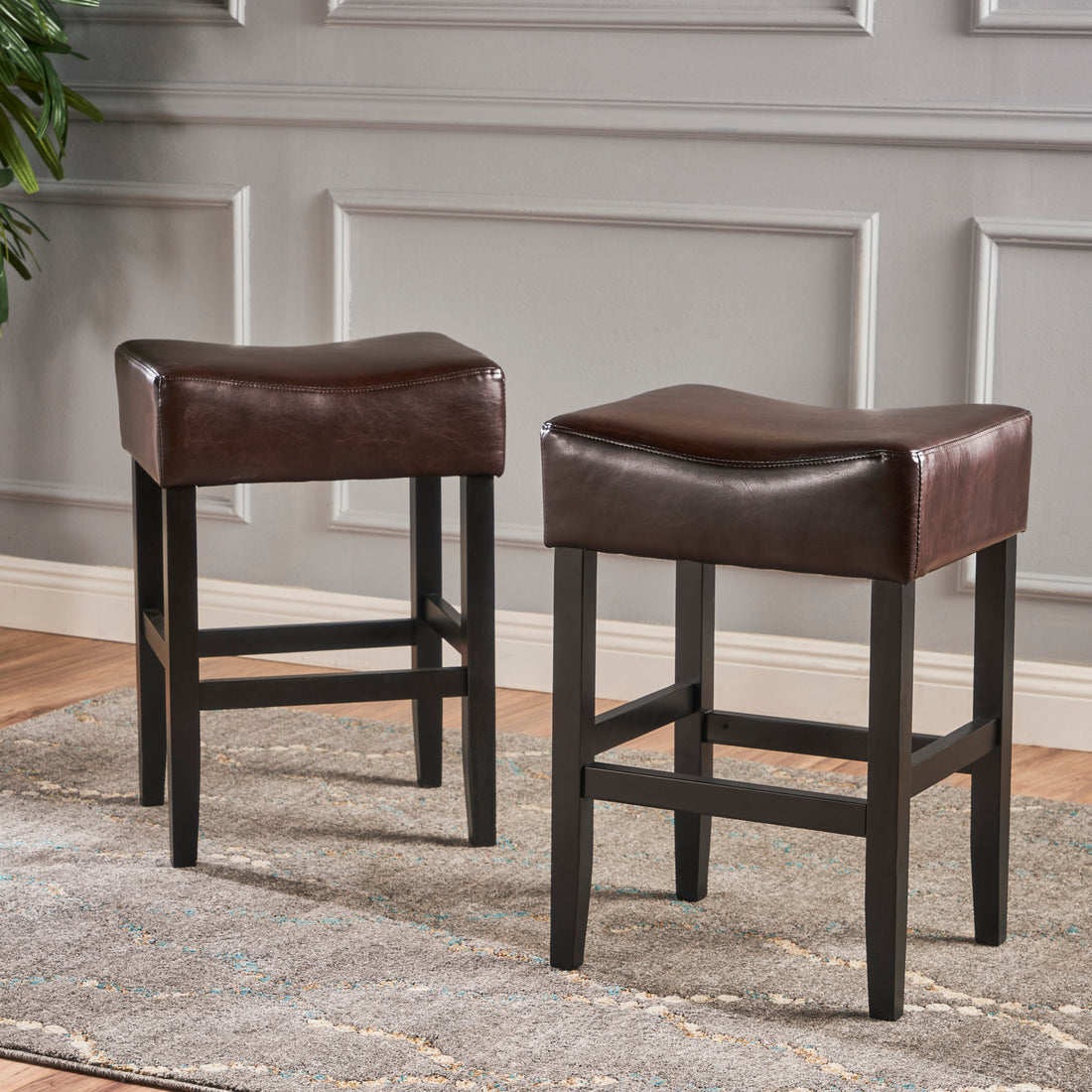 26" Backless Counter Stools, 2 Pcs Set, Brown Brown Set Of 2 Leather