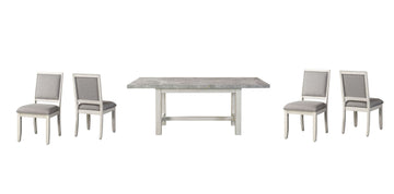 Canova 5 Piece Dining Set Gray Marble Silver White Wood