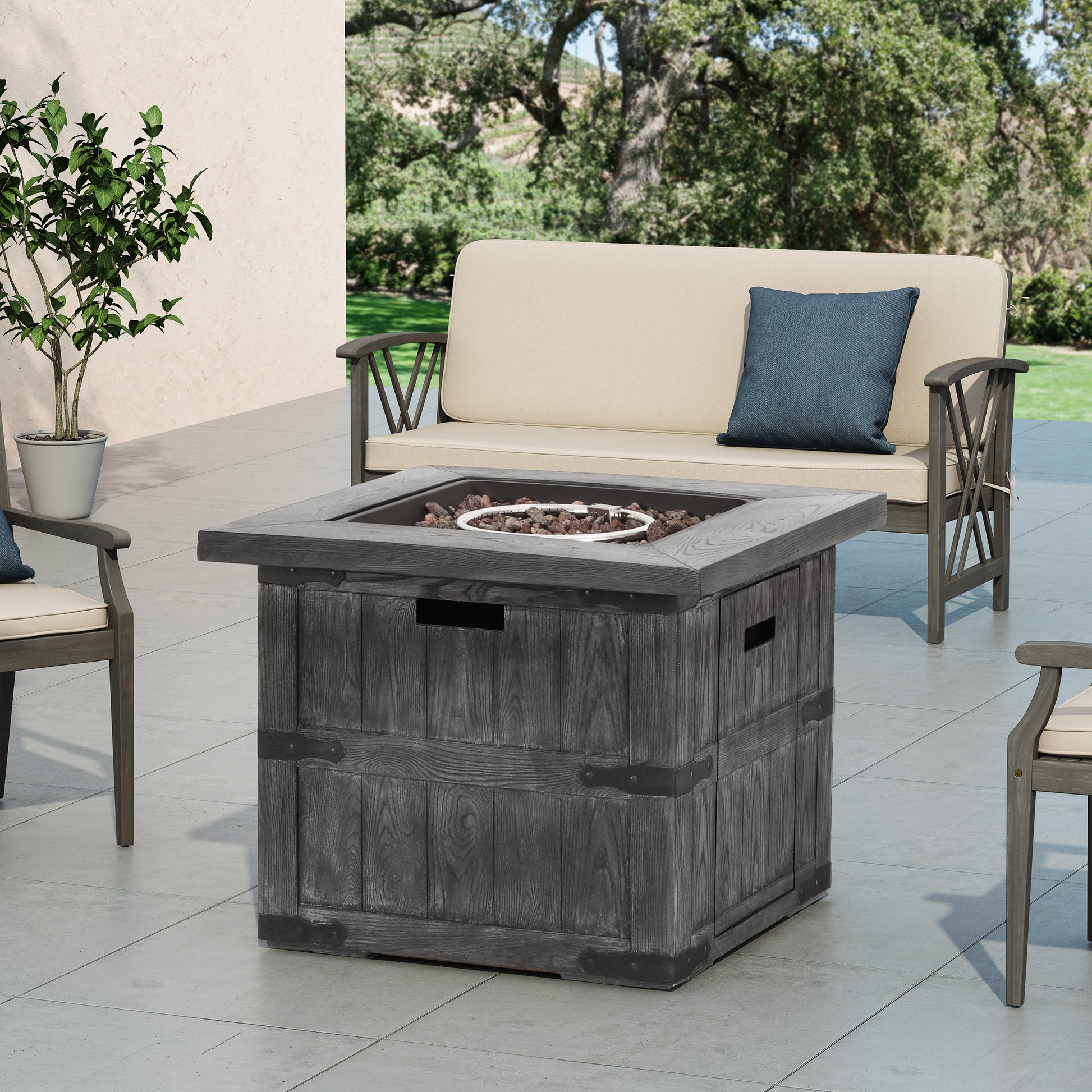 Outdoor Patio 24.5" H X 30" W Square Gas Burning Concrete Fire Pit 40, 000 Btu, Fire Pit Table With Tank Inside, Grey Grey Magnesium Oxide