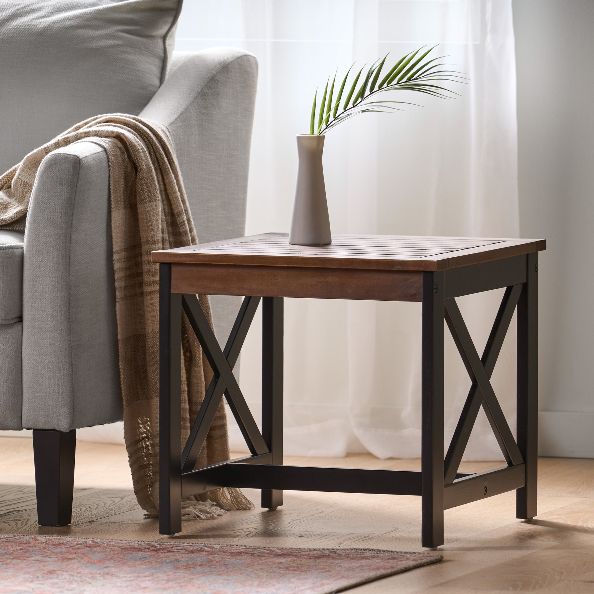 Farmhouse End Table Black Brown Wood