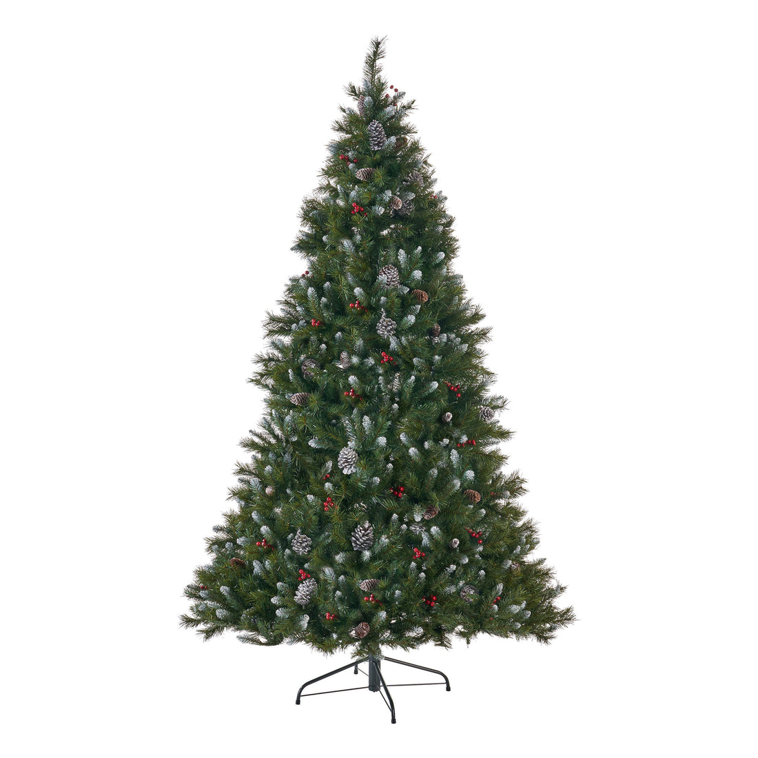 7.5' Mixed Frosted Hinged Tree With 56Frosted Pine Cones And 28Red Berry And 550Clear Lights,Dia:55 Green Pvc