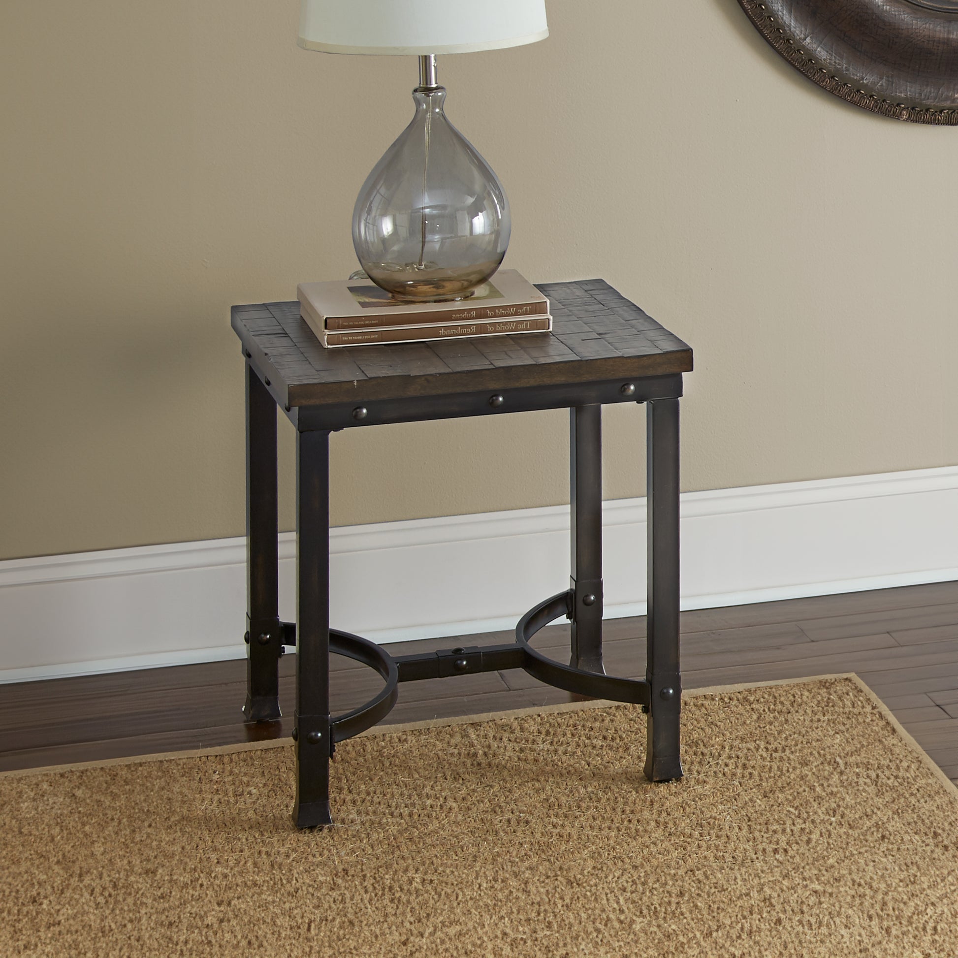 Rustic Square End Table Aged Butcher Block Style Surface, Dark Iron Legs, Distressed Finish Blend With Any D Cor Gray Metal