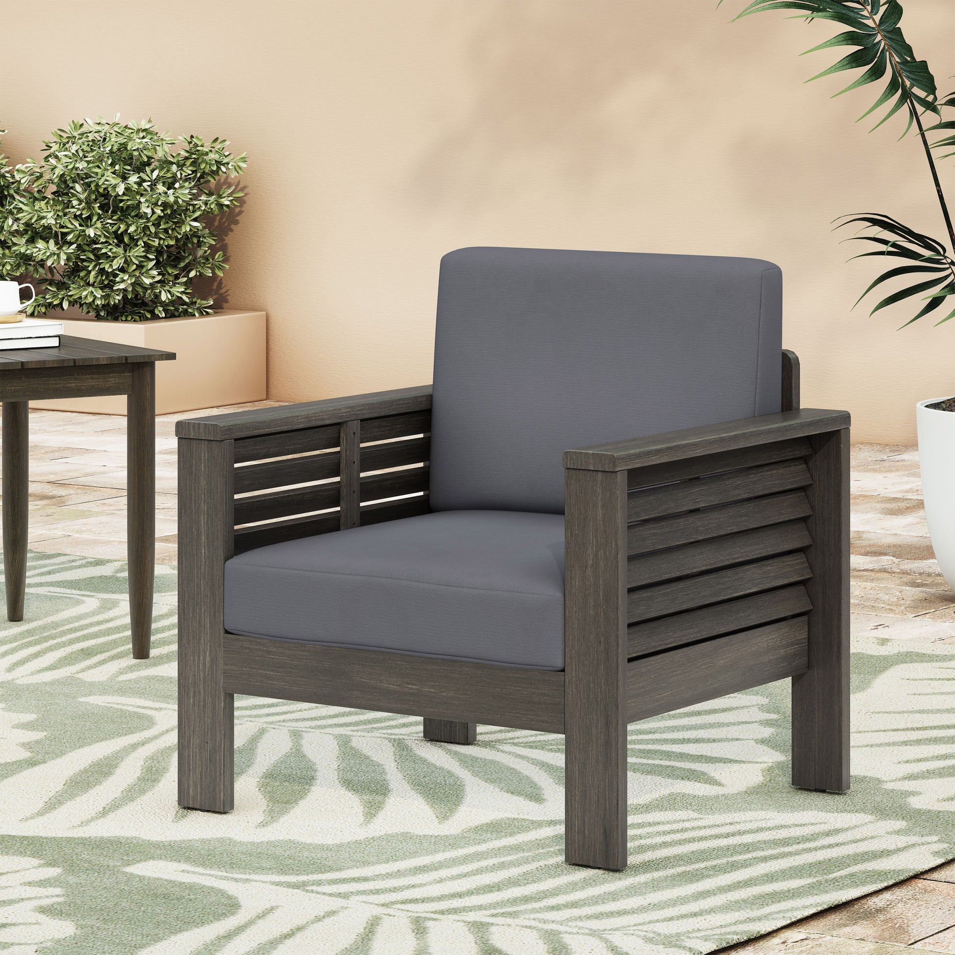 Outdoor Acacia Wood Club Chairs With Cushions, Dark Gray, 27.75"D X 32"W X 27.75"H Yes Grey Foam Acacia Wood