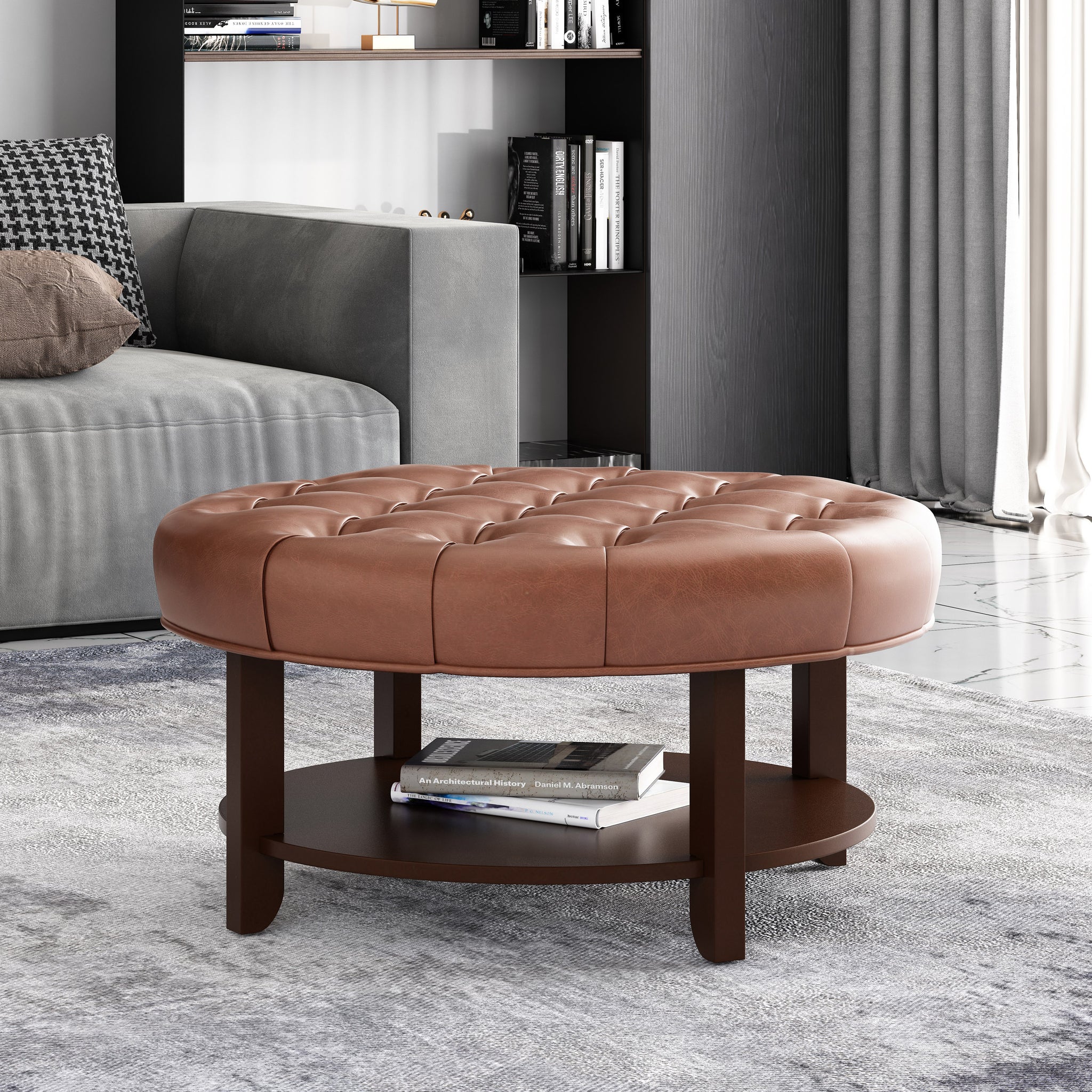 Round Ottoman Light Brown Pu