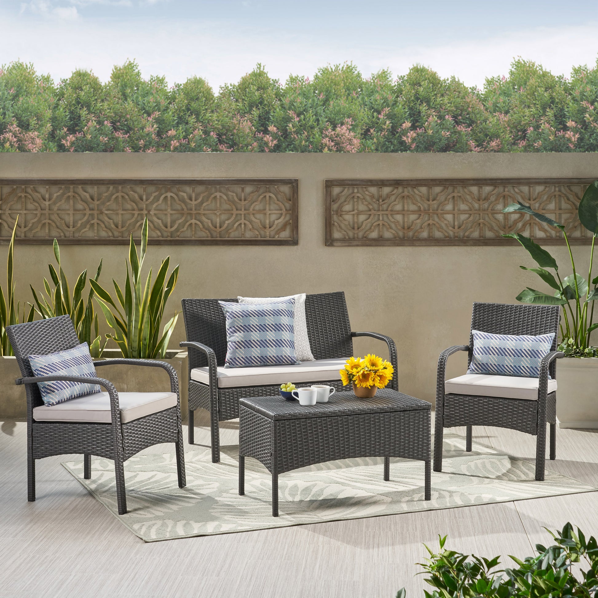 Cordoba Kd Wicker 4 Pc Chat Set Grey Pe Rattan Iron Waterproof Fabric