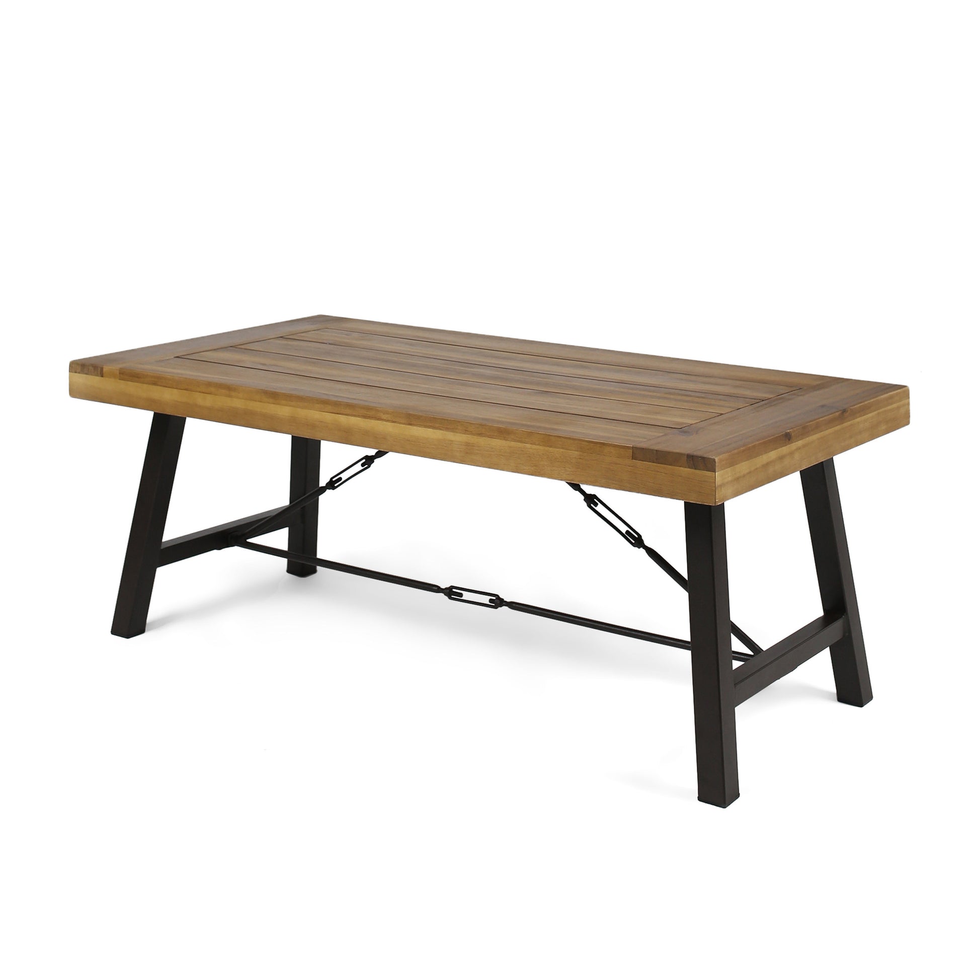 Outdoor Acacia Wood Coffee Table, Teak Finish Rustic Metal Brown And Black, 27.25"D X 45.75"W X 18"H Brown Acacia Wood