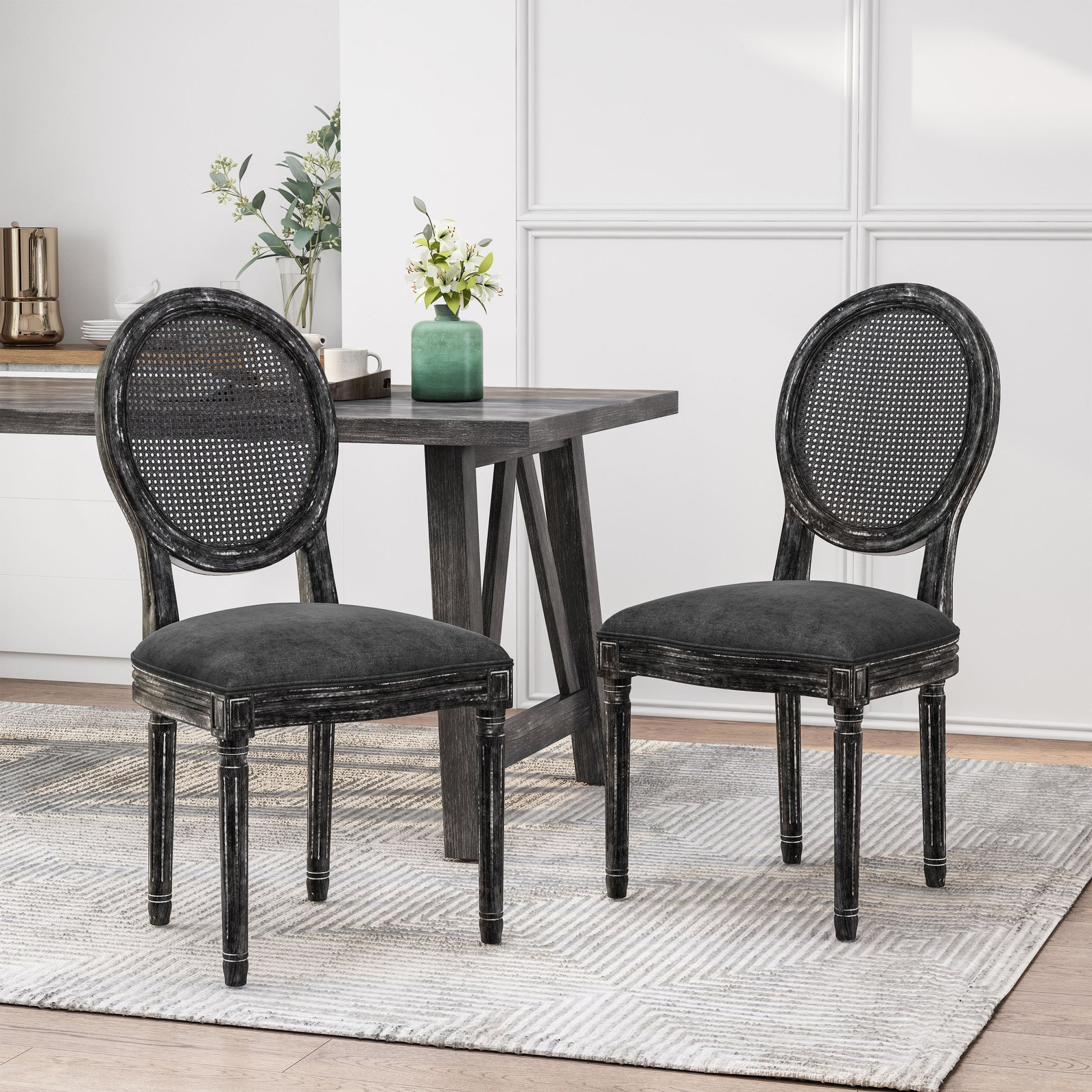 Dinning Chairs Mp2 Set Of 2 Grey Wood Fabric Rattan