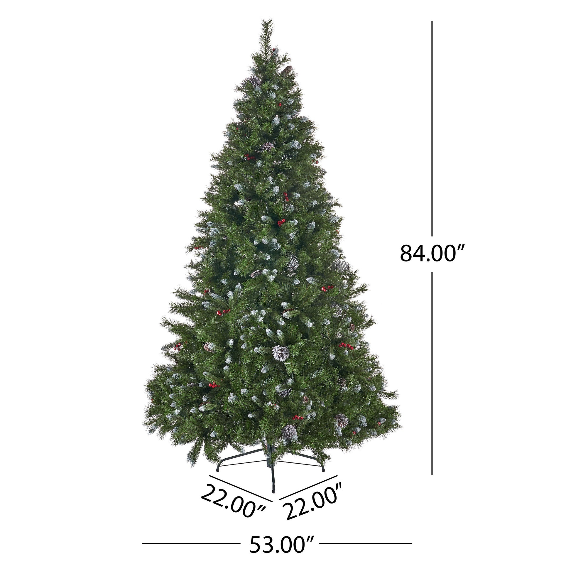 7' Mixed Frosted Hinged Tree With 52 Frosted Pine Cones And 26 Red Berry And Dia:53",1219 Tips Green Pvc