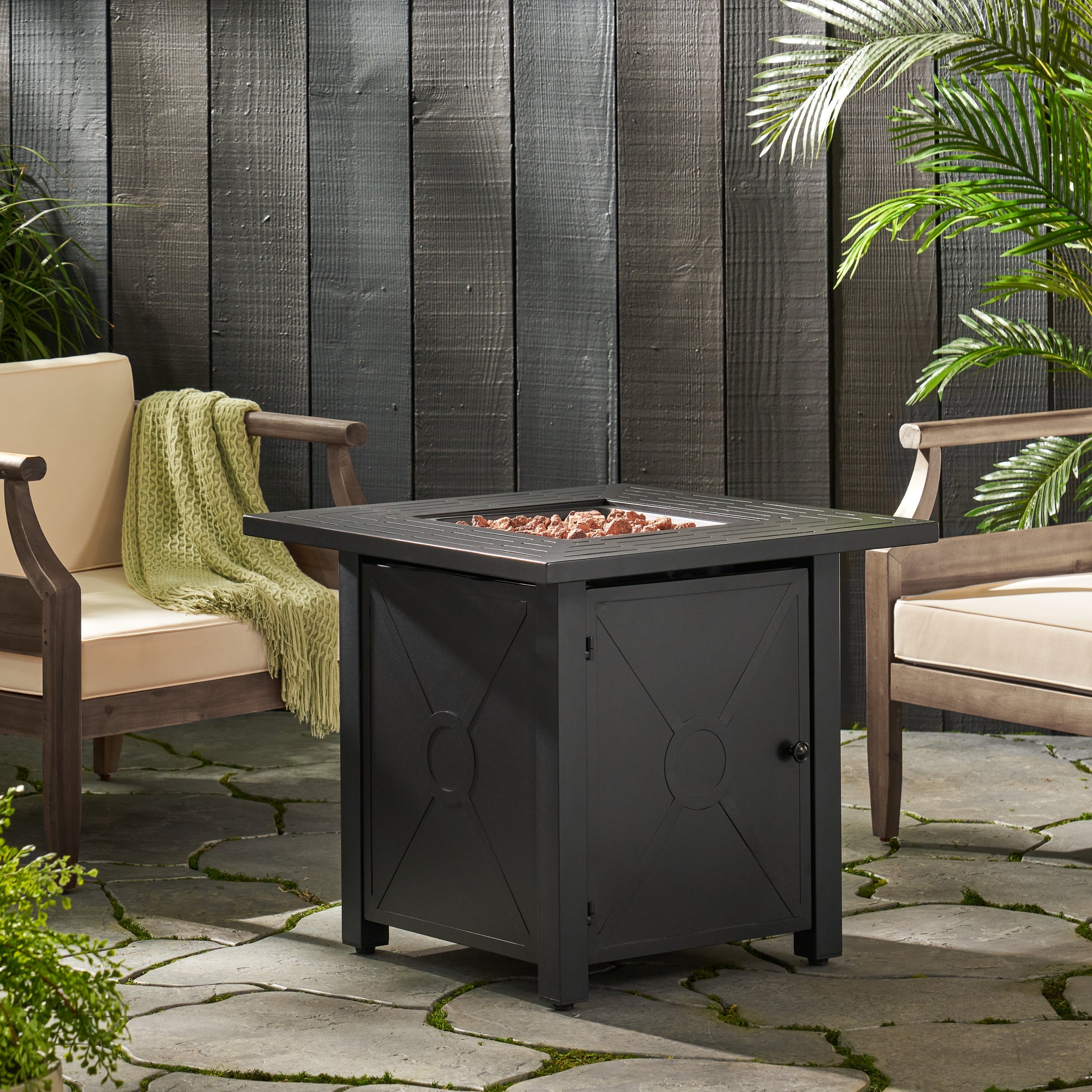Outdoor Patio Propane Fire Pit 24.5'' H X 28'' W Square Iron Gas Burning Fire Table 40,000 Btu, Tank In Side, Black Black Iron