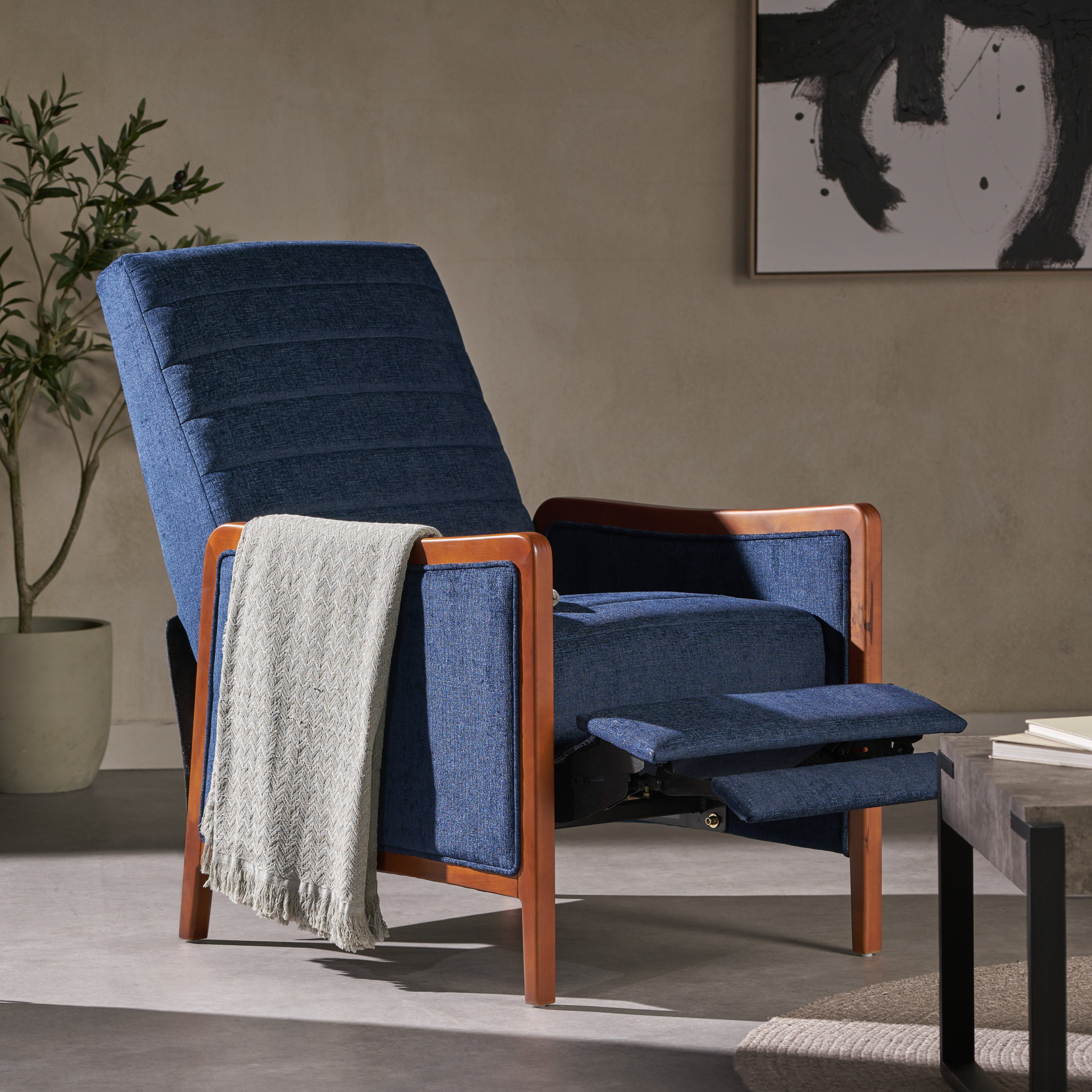 Mid Century Modern Fabric Channel Stitch Wood Pushback Recliner Navy B