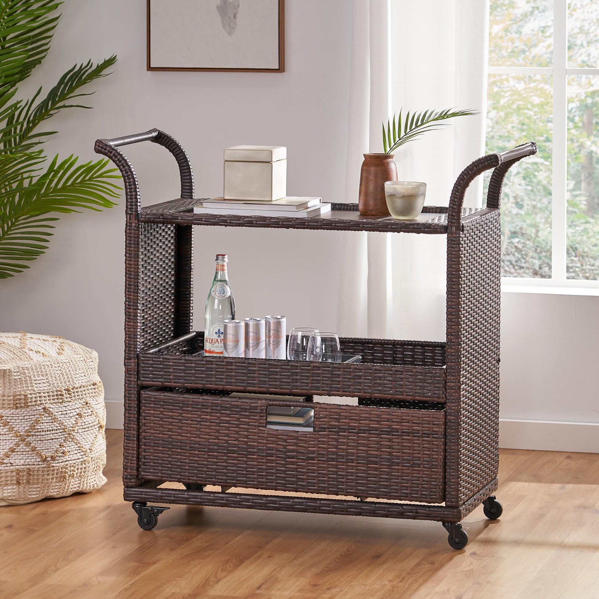 Corona Bar Cart - Brown Pe Rattan Iron