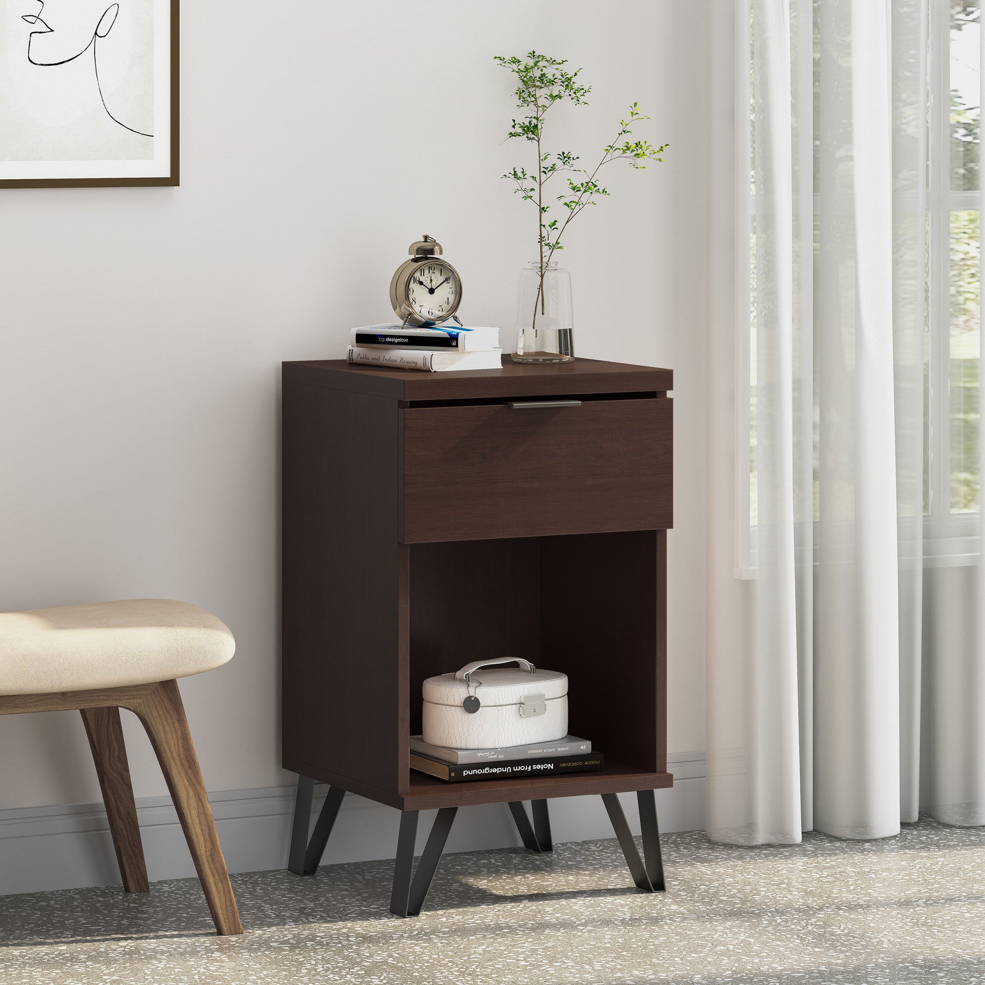 1 Drawer Tall End Table Walnut Mdf