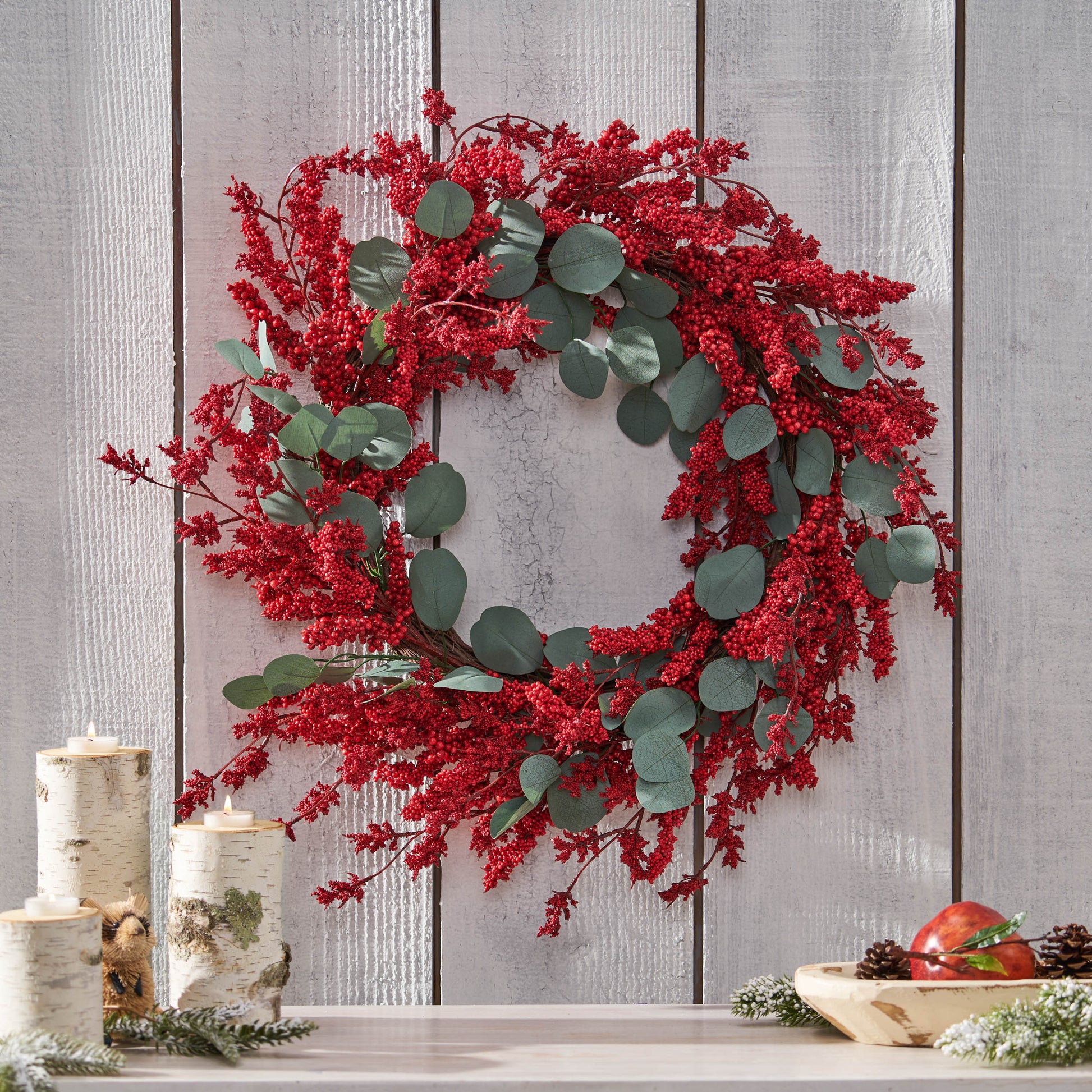 29" Eucalyptus Berry Wreath Red Polyester