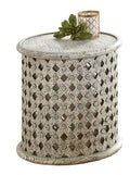 Samir Round Tribal Carved Wood End Table White White Wood