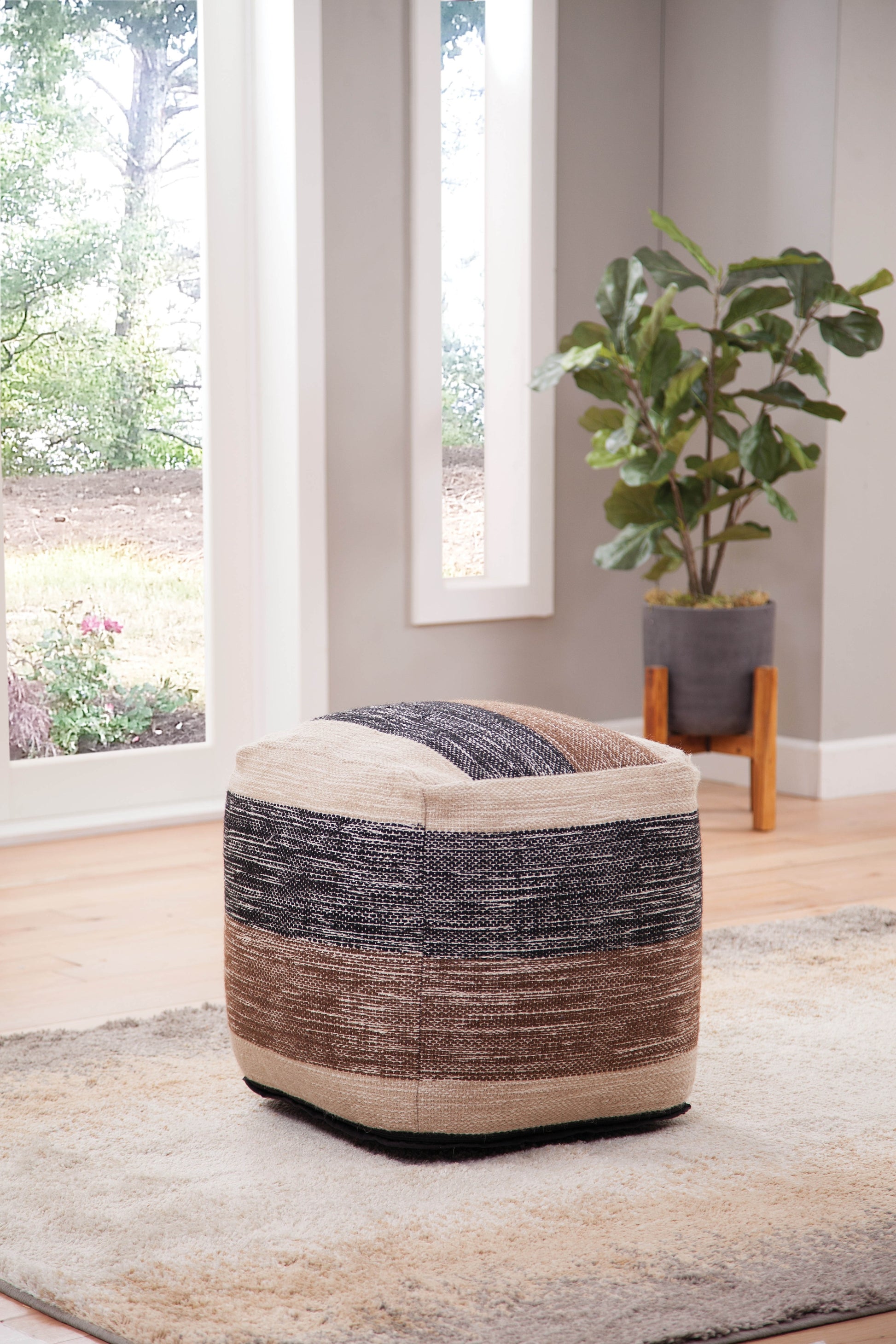 Jamal Square Handwoven Woolen Pouf Beige Beige Fabric