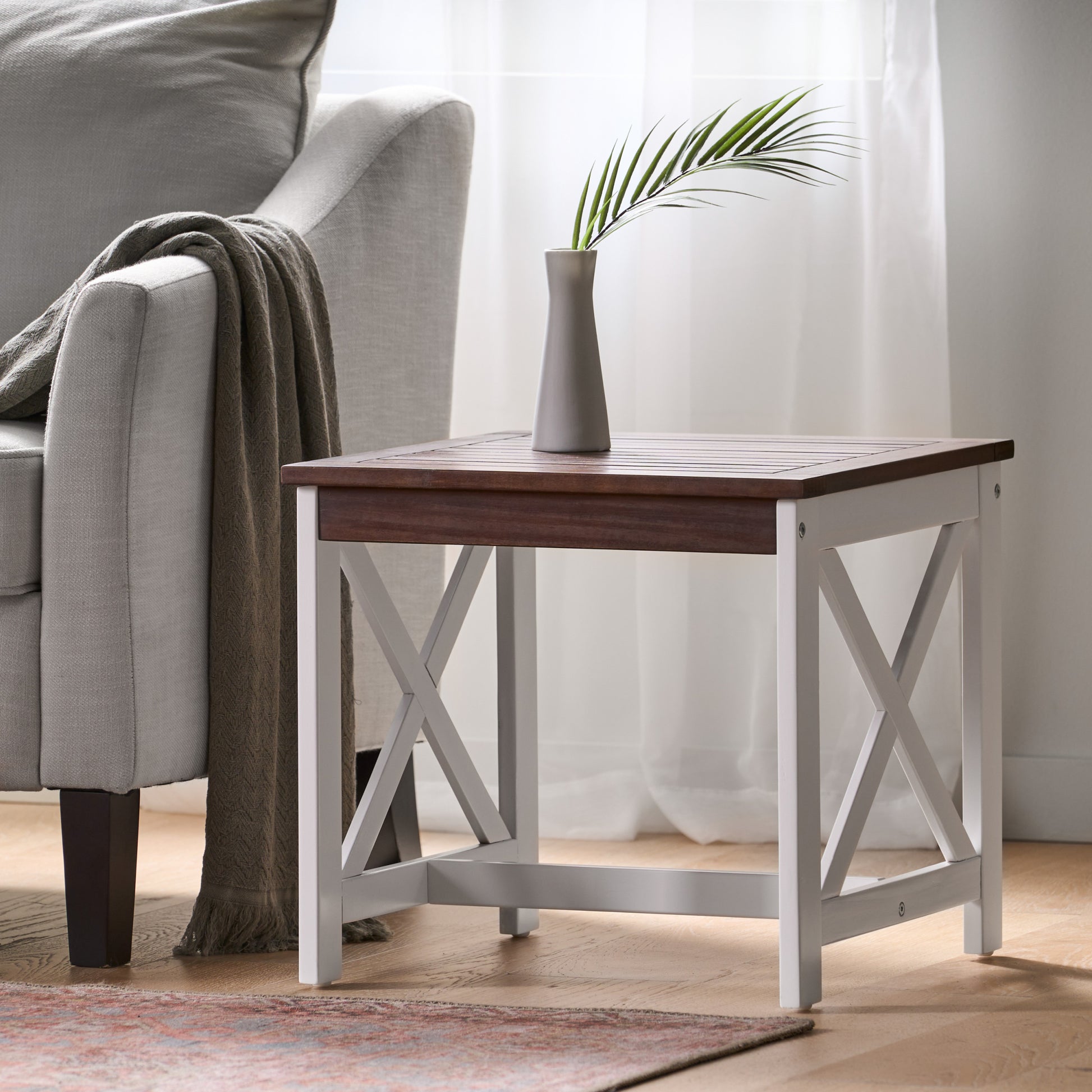 Farmhouse End Table - Brown White Wood