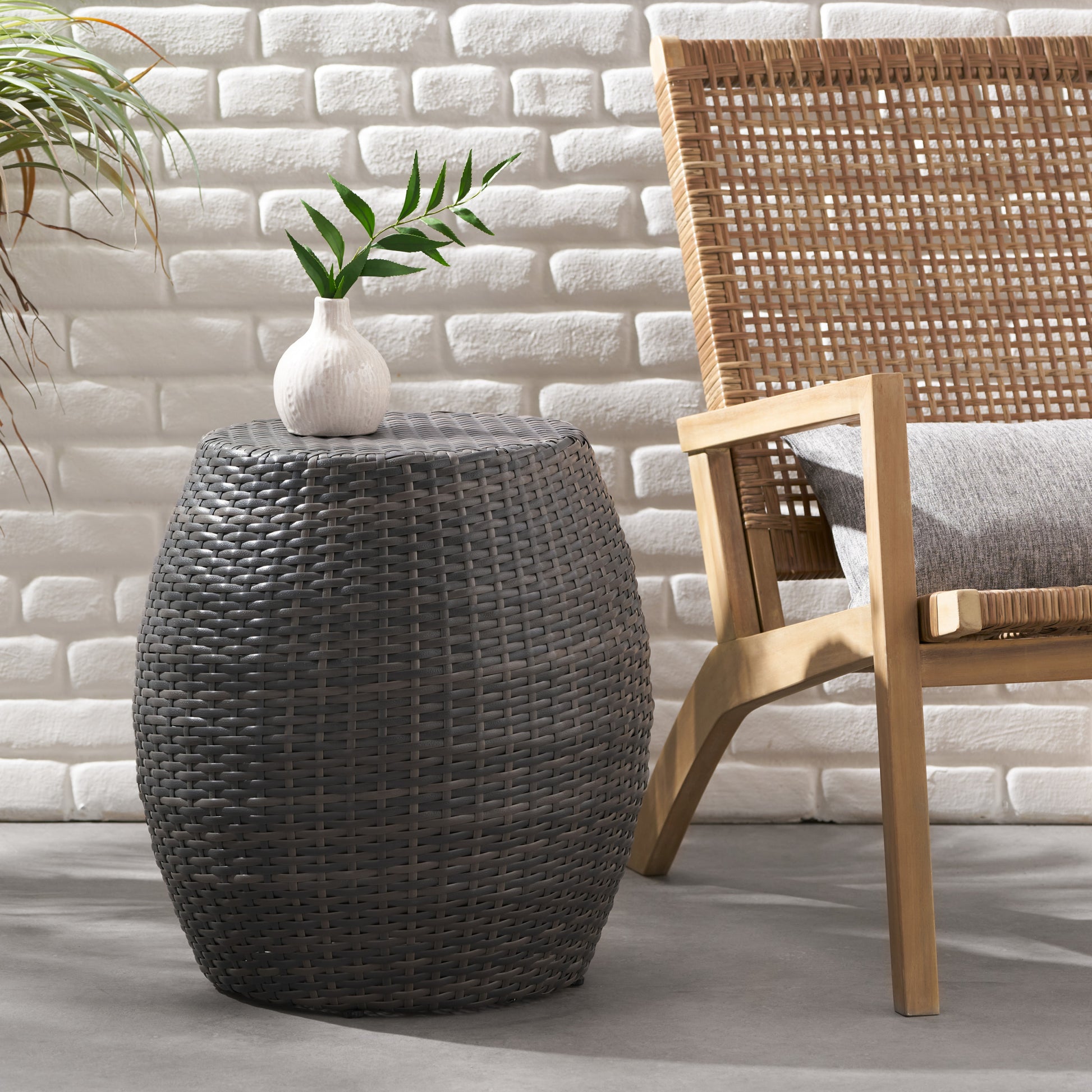 Outdoor Wicker 14.00" Patio Side Table Grey Rattan