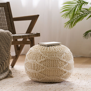 Malibu Knitted Wool 20 X 20 Round Pouf Cream Wool