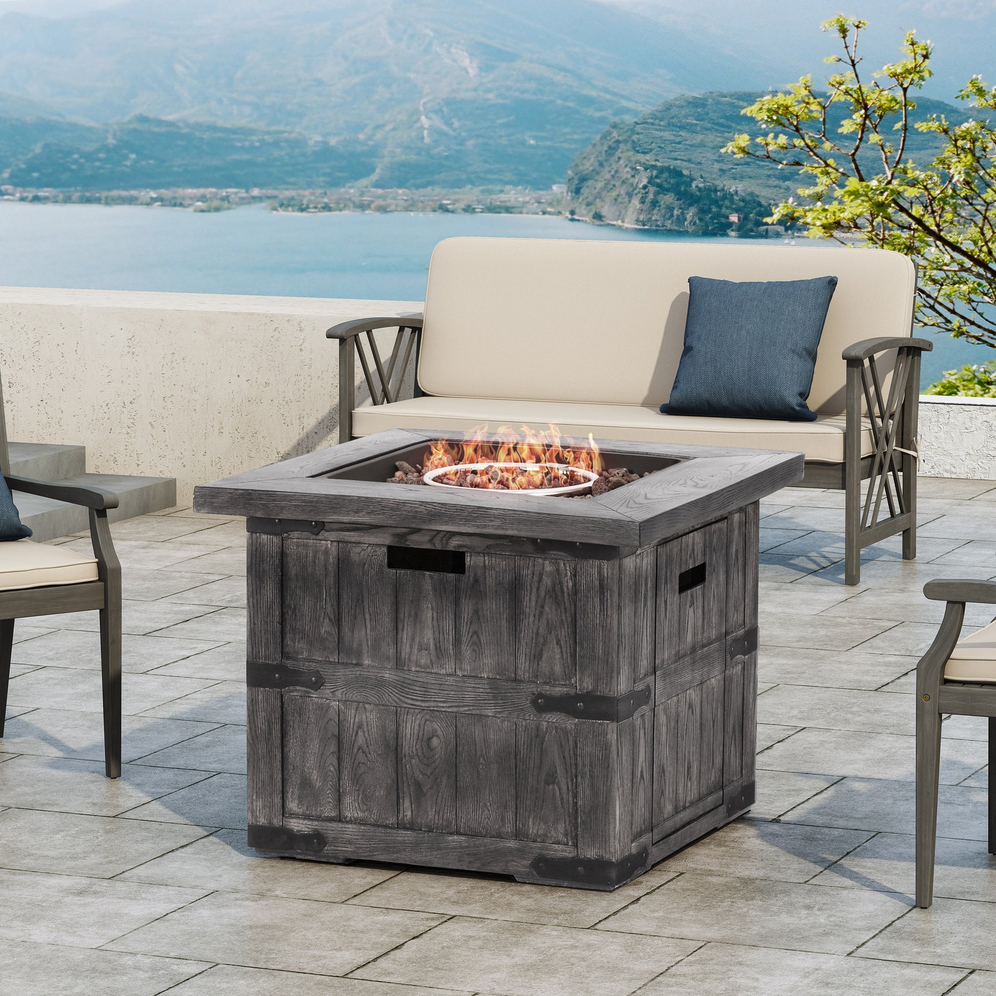 Outdoor Patio 24.5" H X 30" W Square Gas Burning Concrete Fire Pit 40, 000 Btu, Fire Pit Table With Tank Inside, Grey Grey Magnesium Oxide