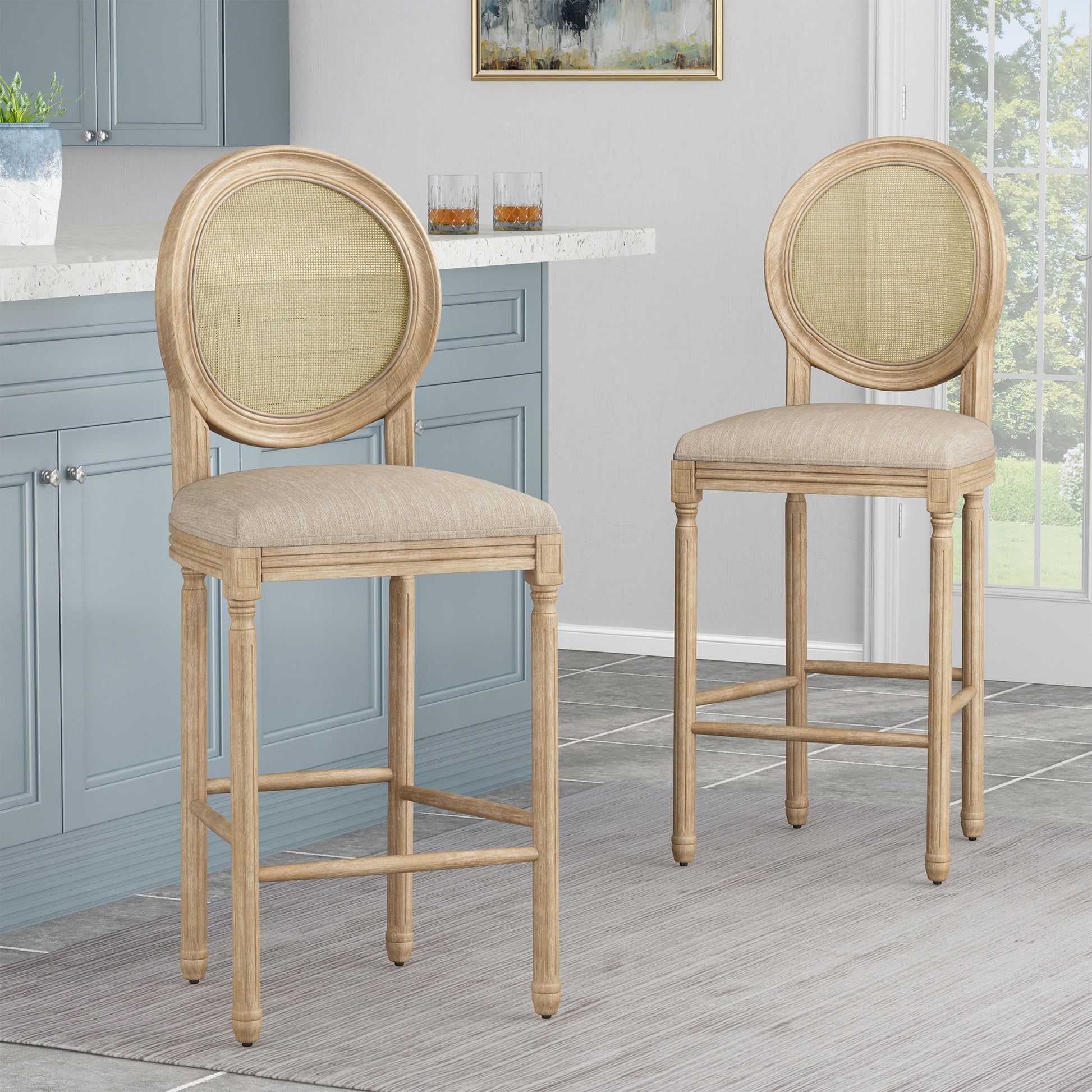 Barstool Mp2 Set Of 2 Beige Natural Rattan Fabric