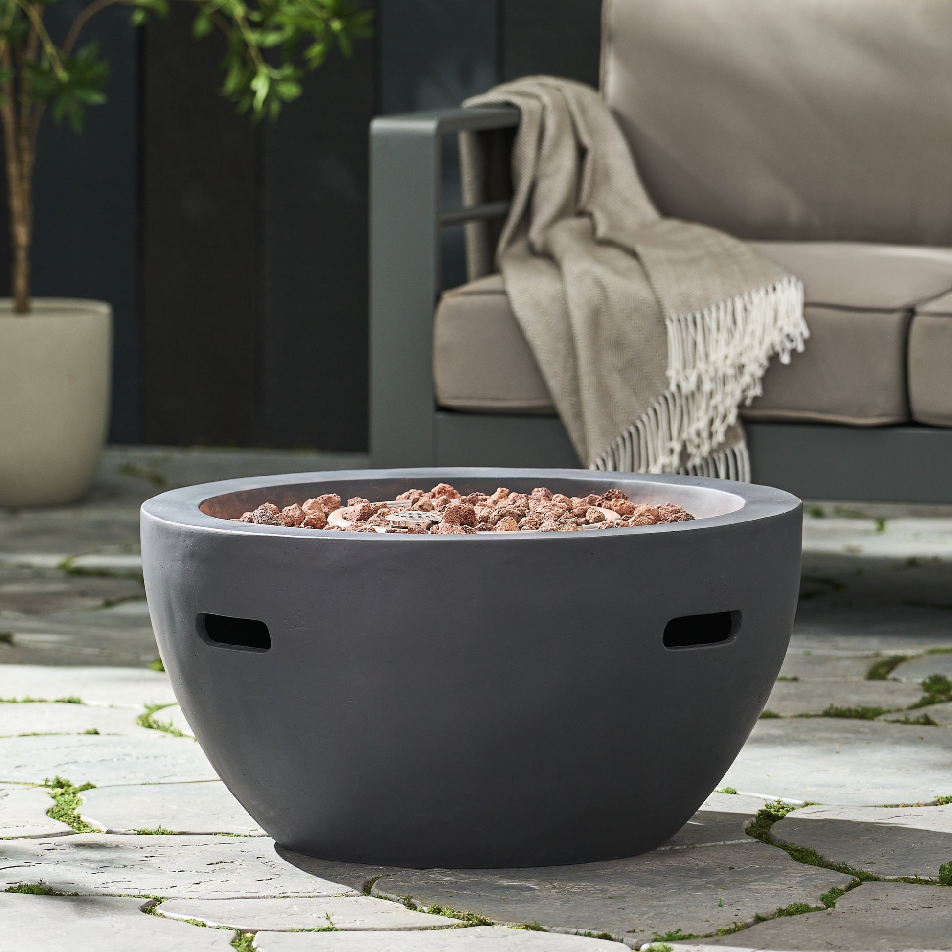 27" Bowl Shaped Mgo 40,000 Btu Propane Fire Pit, Dark Grey Tank Cover Not Included Dark Grey Magnesium Oxide