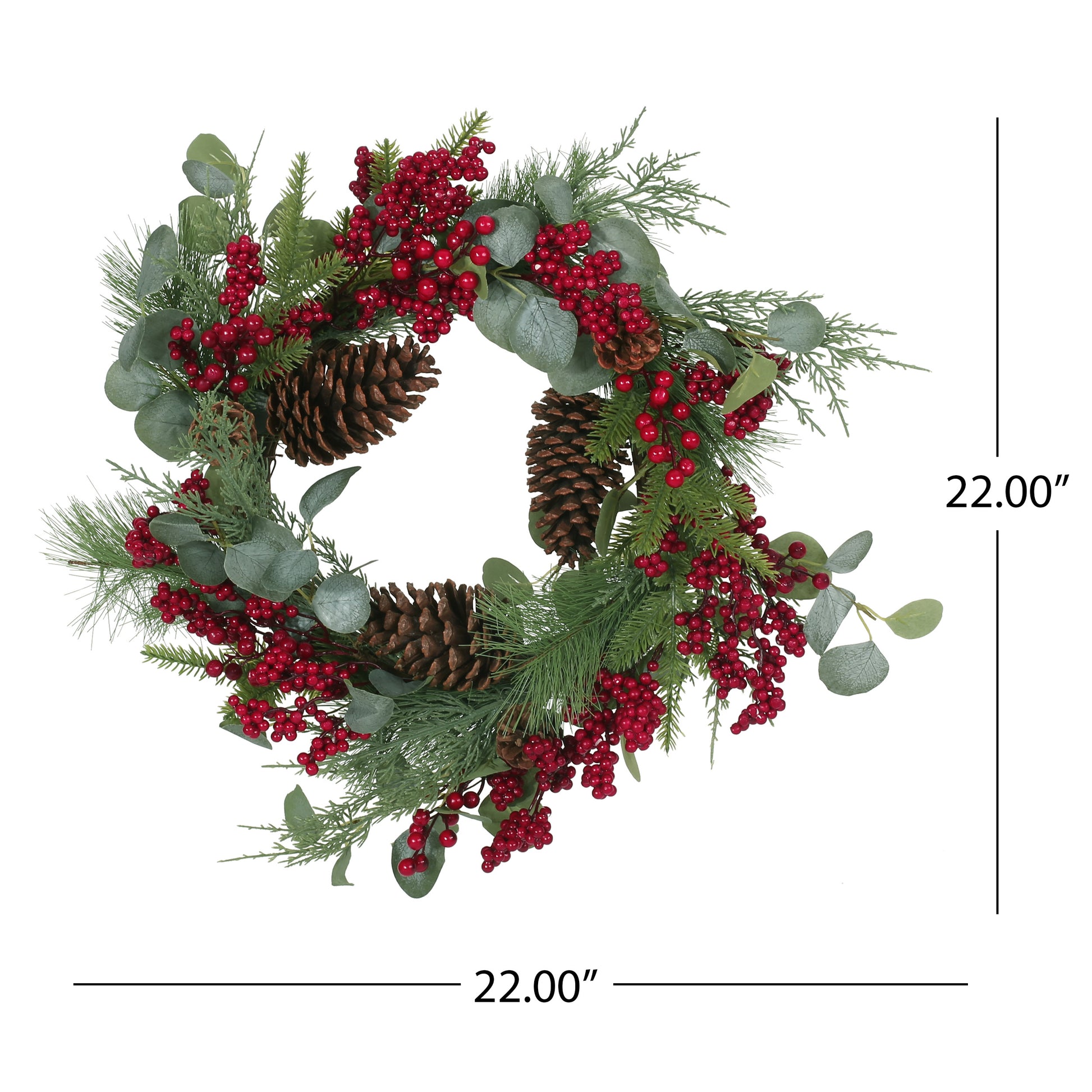 22" Berry Eucalyptus Pinecone Wreath Green Leaves Polyester