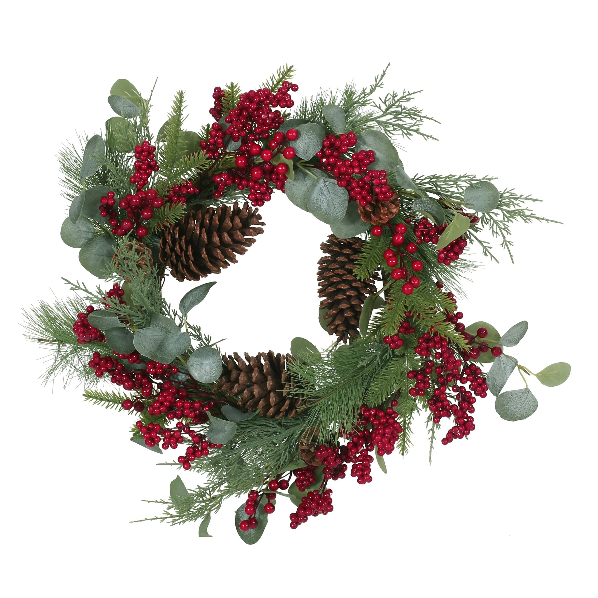 22" Berry Eucalyptus Pinecone Wreath Green Leaves Polyester