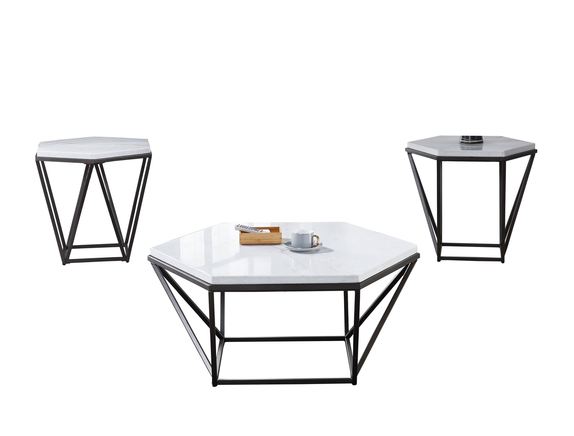 Corvus 3 Piece Table Set White Marble Hexagon White Marble